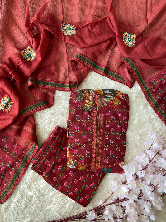 Premium Cotton FLARE Kurti Pant Dupatta Set