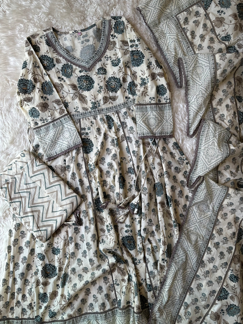 Premium Cotton ANARKALI Kurti Pant Dupatta Set