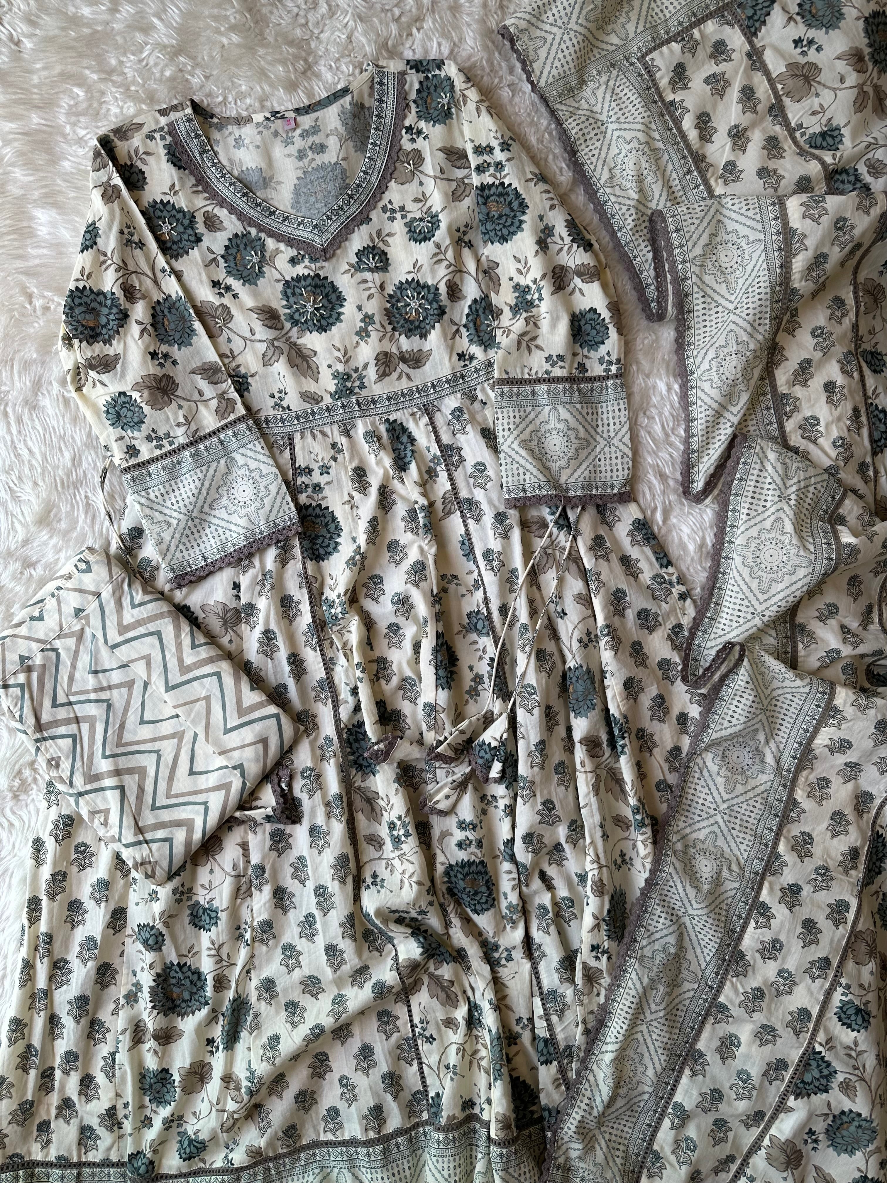 Premium Cotton ANARKALI Kurti Pant Dupatta Set