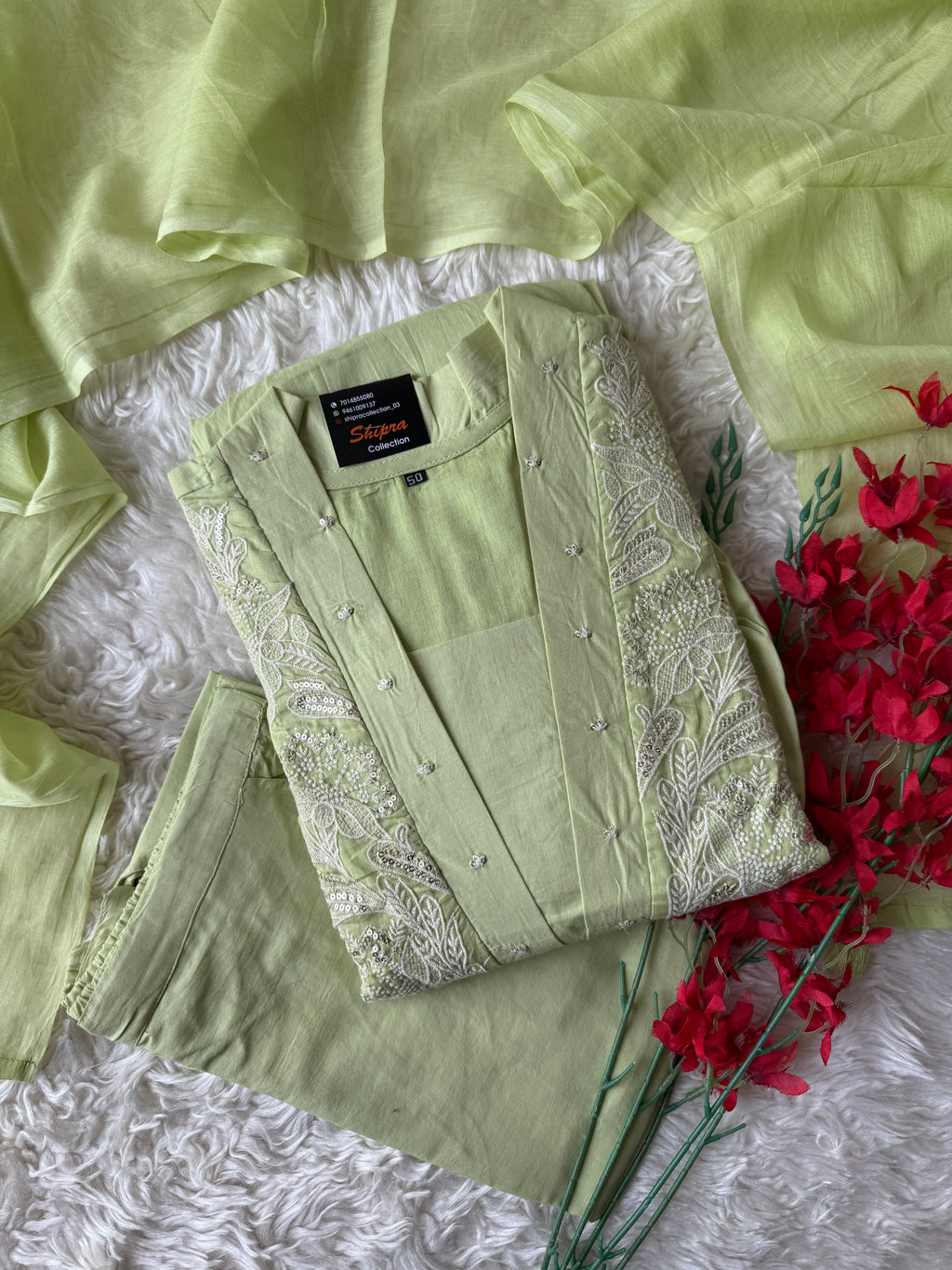 Mul Cotton FLARE Kurti Pant Dupatta Set