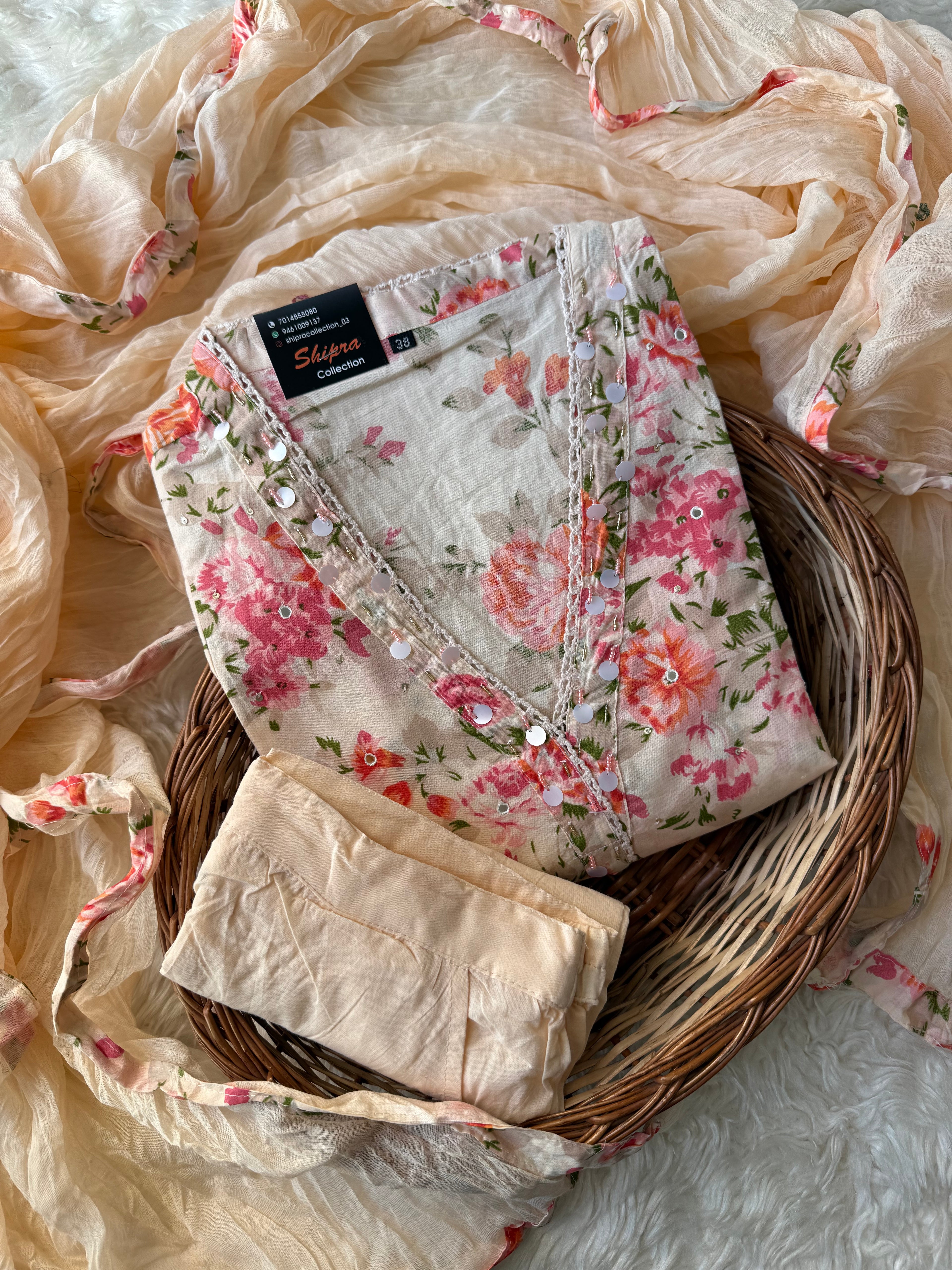 Premium Cotton Aline Kurti Pant Dupatta Set