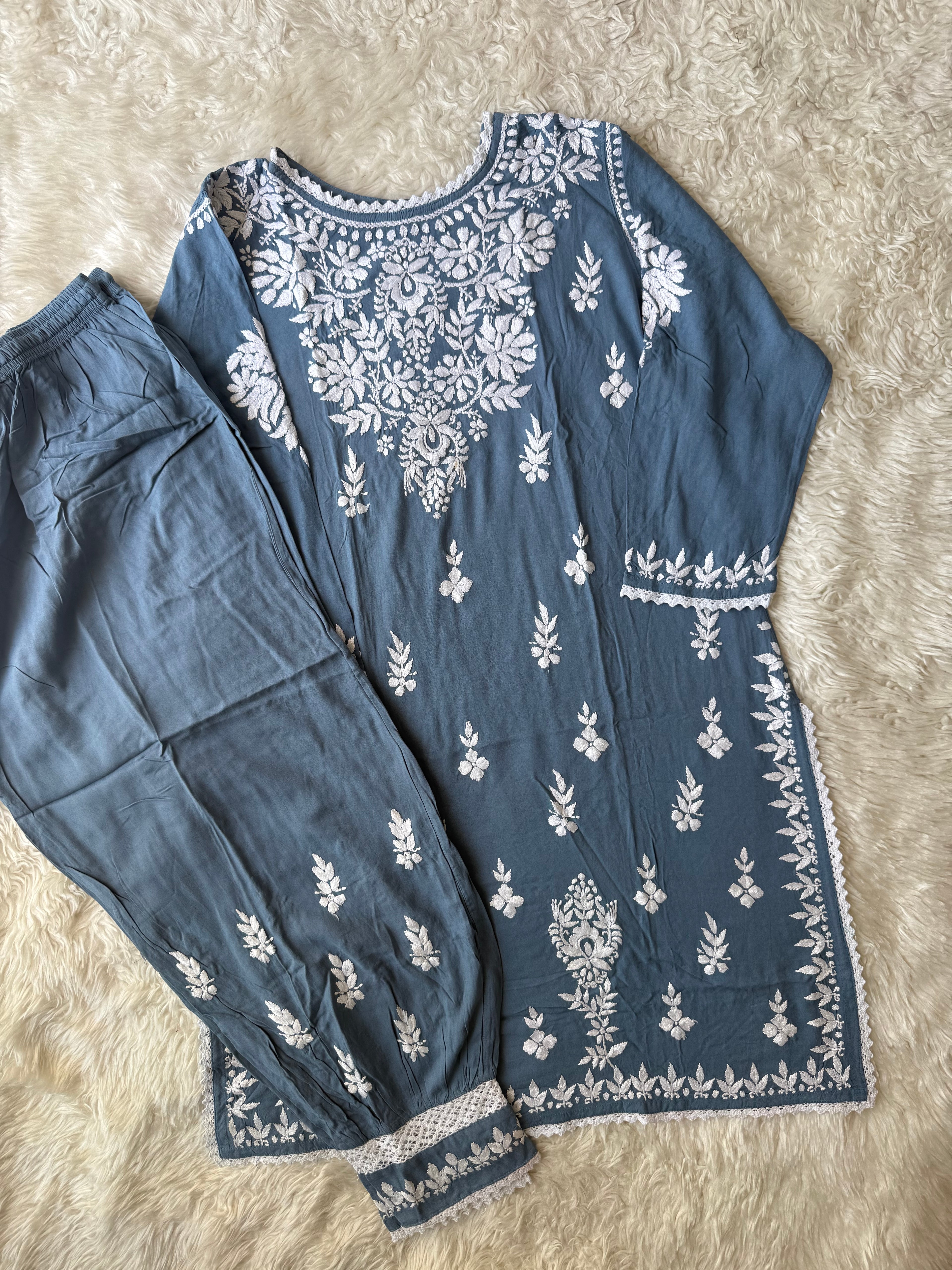 Heavy Rayon Chikankari Kurti Afghani Pant Set