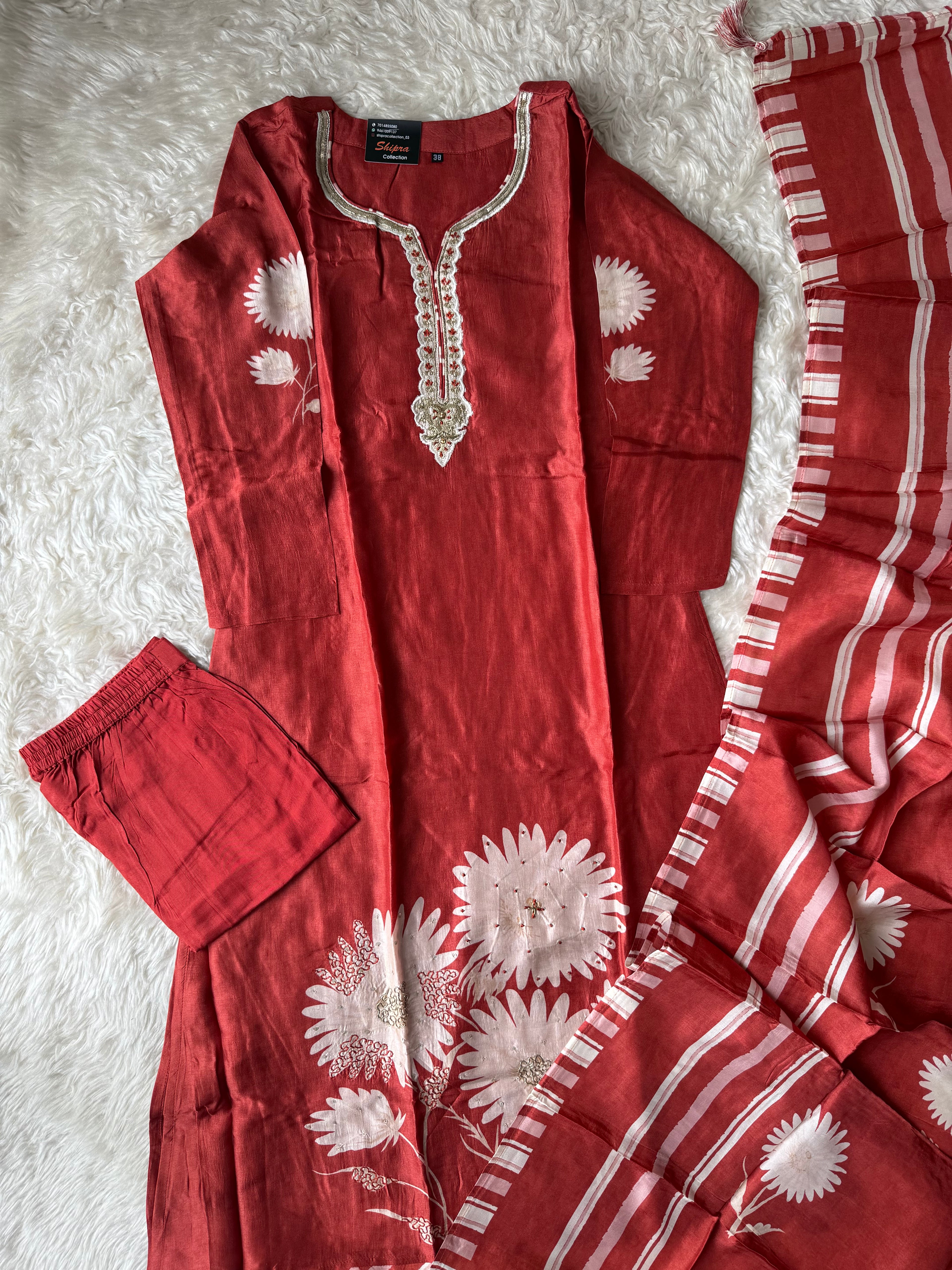 Russian Silk Kurti Pant Dupatta Set