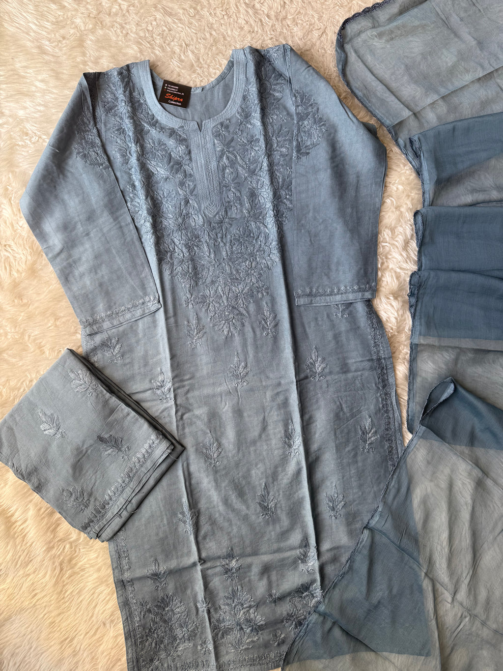 Chanderi Silk Chikankari Kurti Pant Dupatta Set