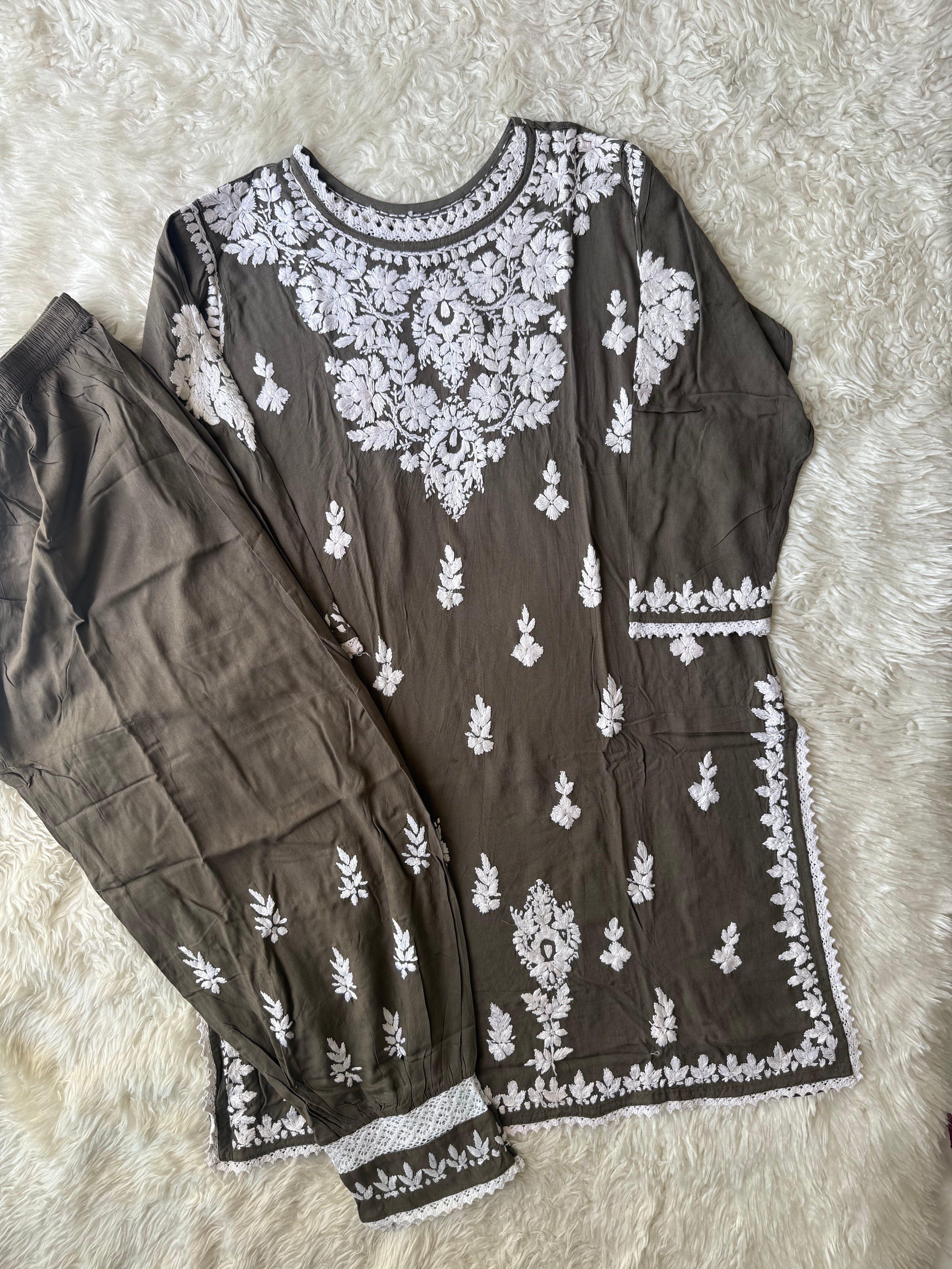 Heavy Rayon Chikankari Kurti Afghani Pant Set