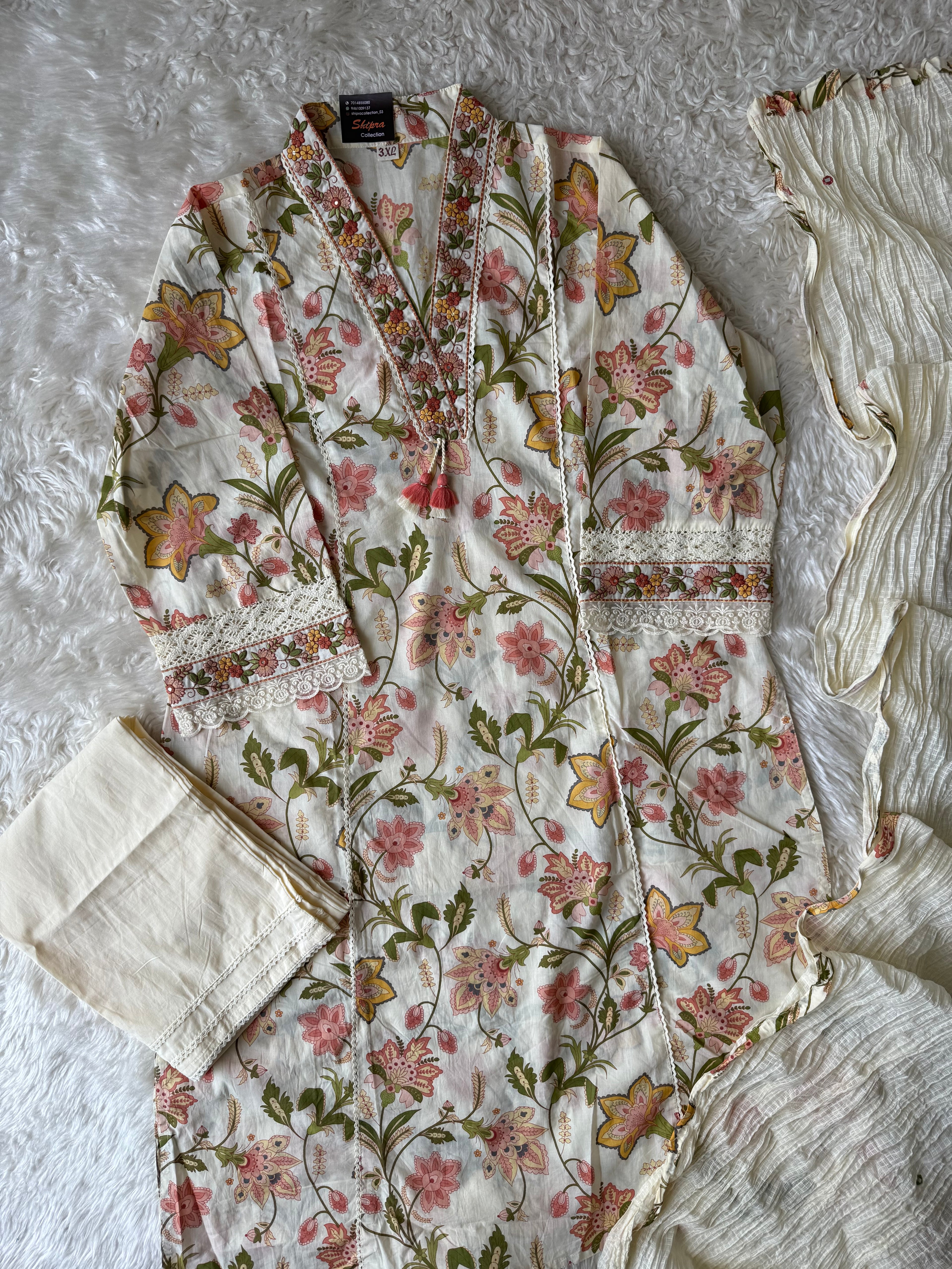 Premium Cotton Aline Kurti Pant Dupatta Set