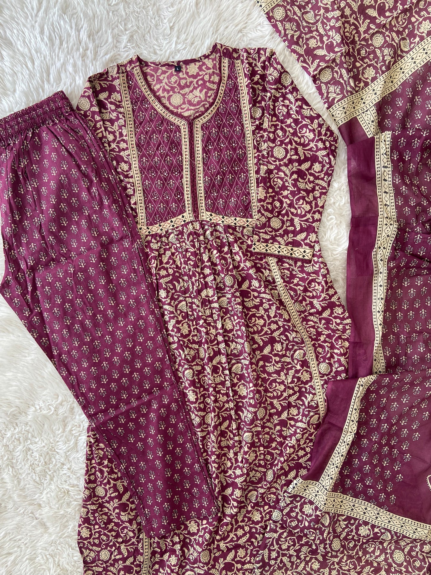 Jaipuri Print A-Line Kurti Pant Dupatta Set