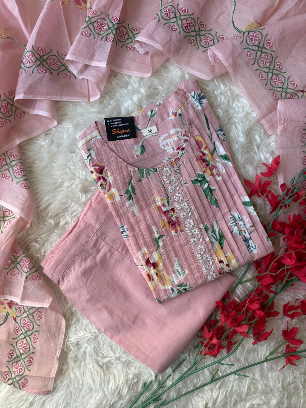 Premium Cotton Aline Kurti Pant Dupatta Set