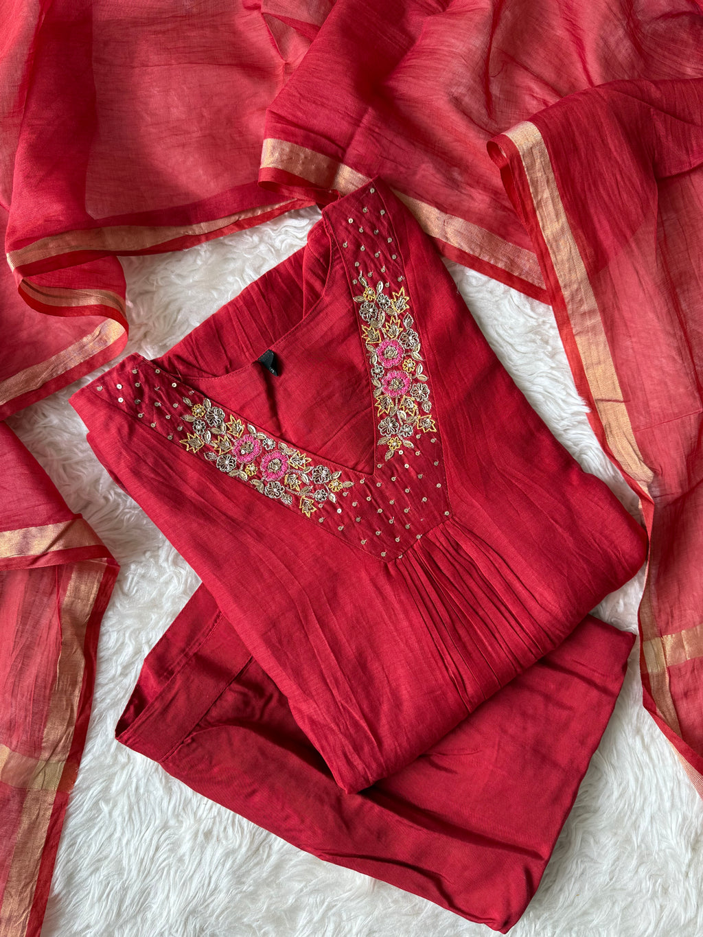 “Plus Size” Mul Chanderi Kurti Pant Dupatta Set