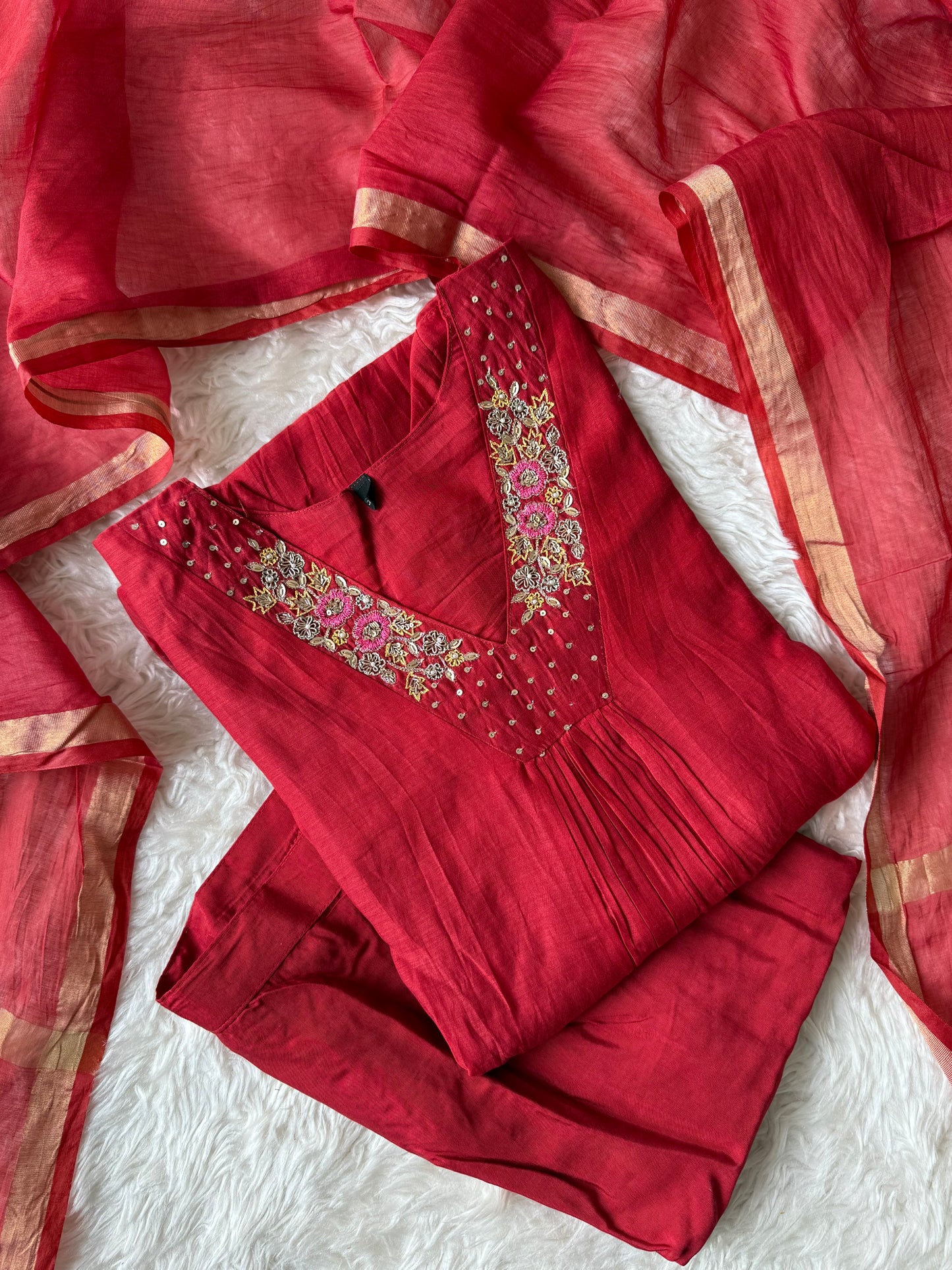 Plus Size Mul Chanderi Kurti Pant Dupatta Set