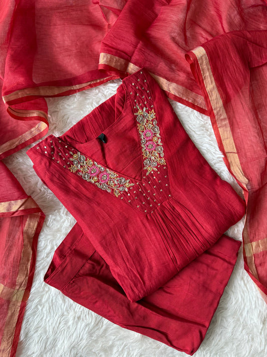 Plus Size Mul Chanderi Kurti Pant Dupatta Set