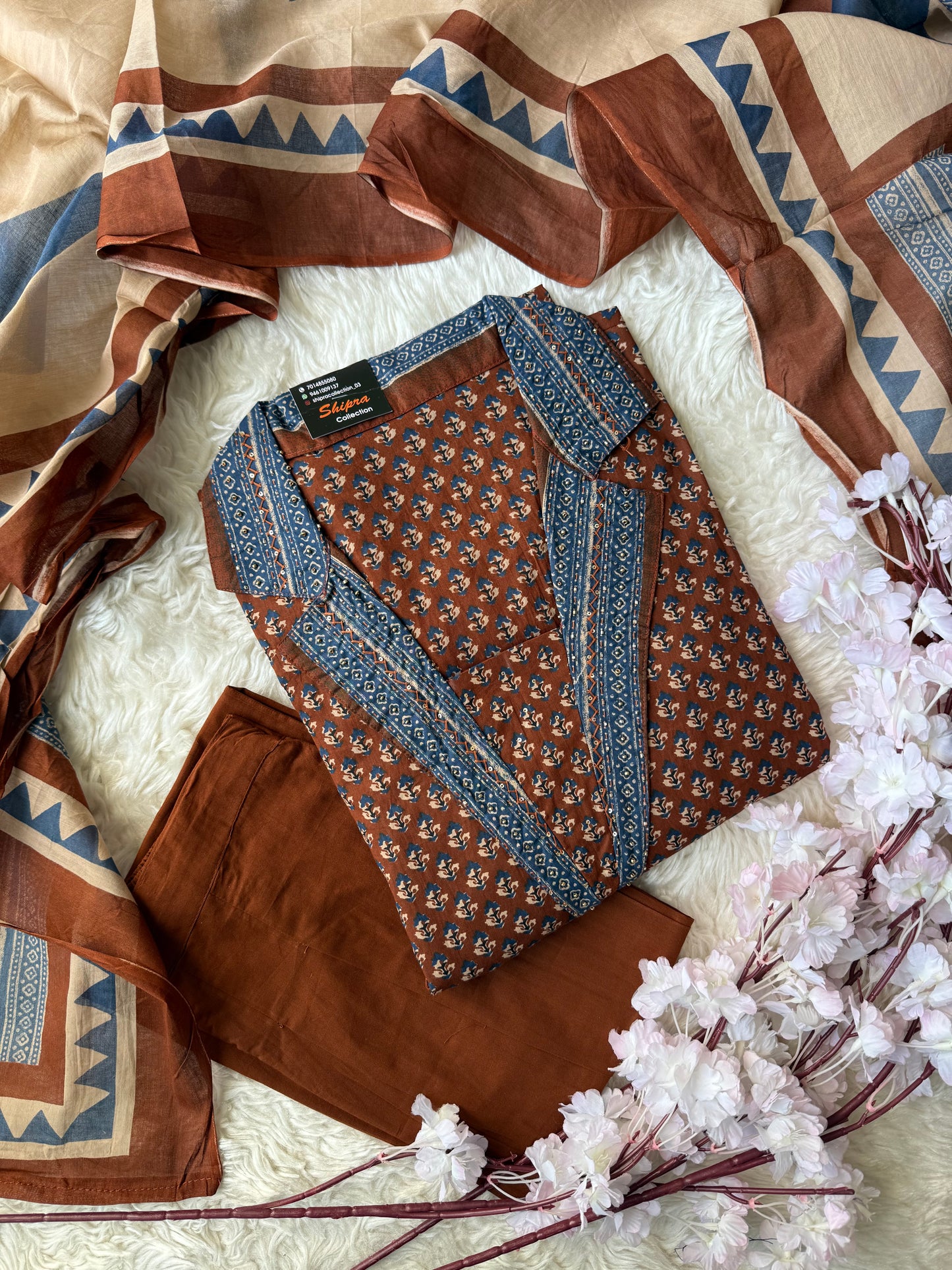 Premium Cotton Flare Kurti Pant Dupatta Set