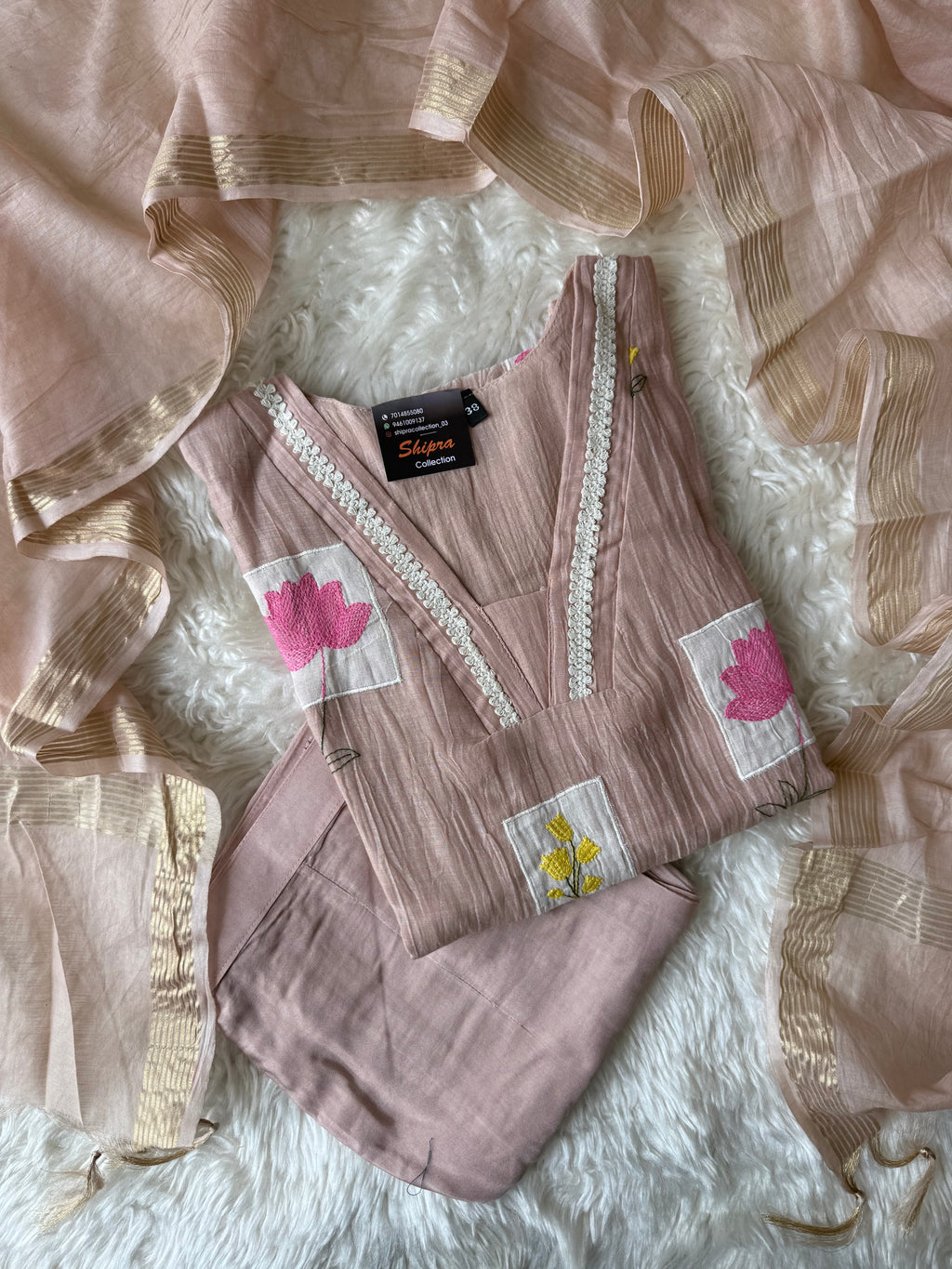Pure Mul Chanderi Kurti Pant Dupatta Set
