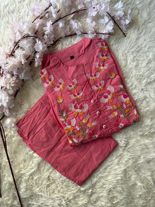 Cotton Thread Work Kurti Pant Set