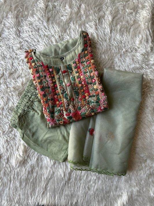 Pure Silk Embroidery Kurti Pant Dupatta Set