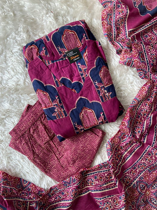 Premium Cotton Full Sleeves Kurti Pant Dupatta Set