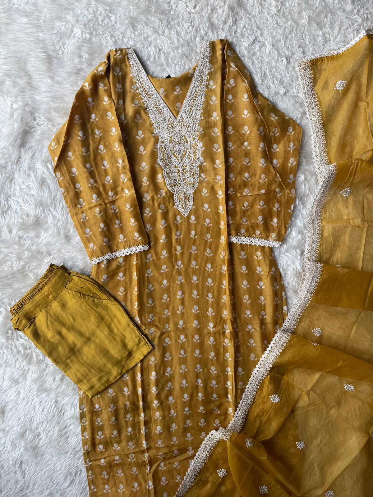 Pure Muslin Silk Kurti Pant Dupatta Set