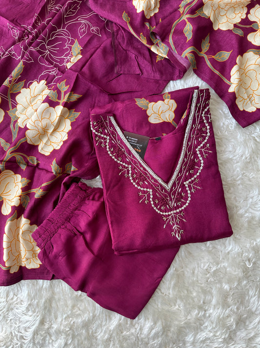 Pure Muslin Silk Kurti Pant Dupatta Set