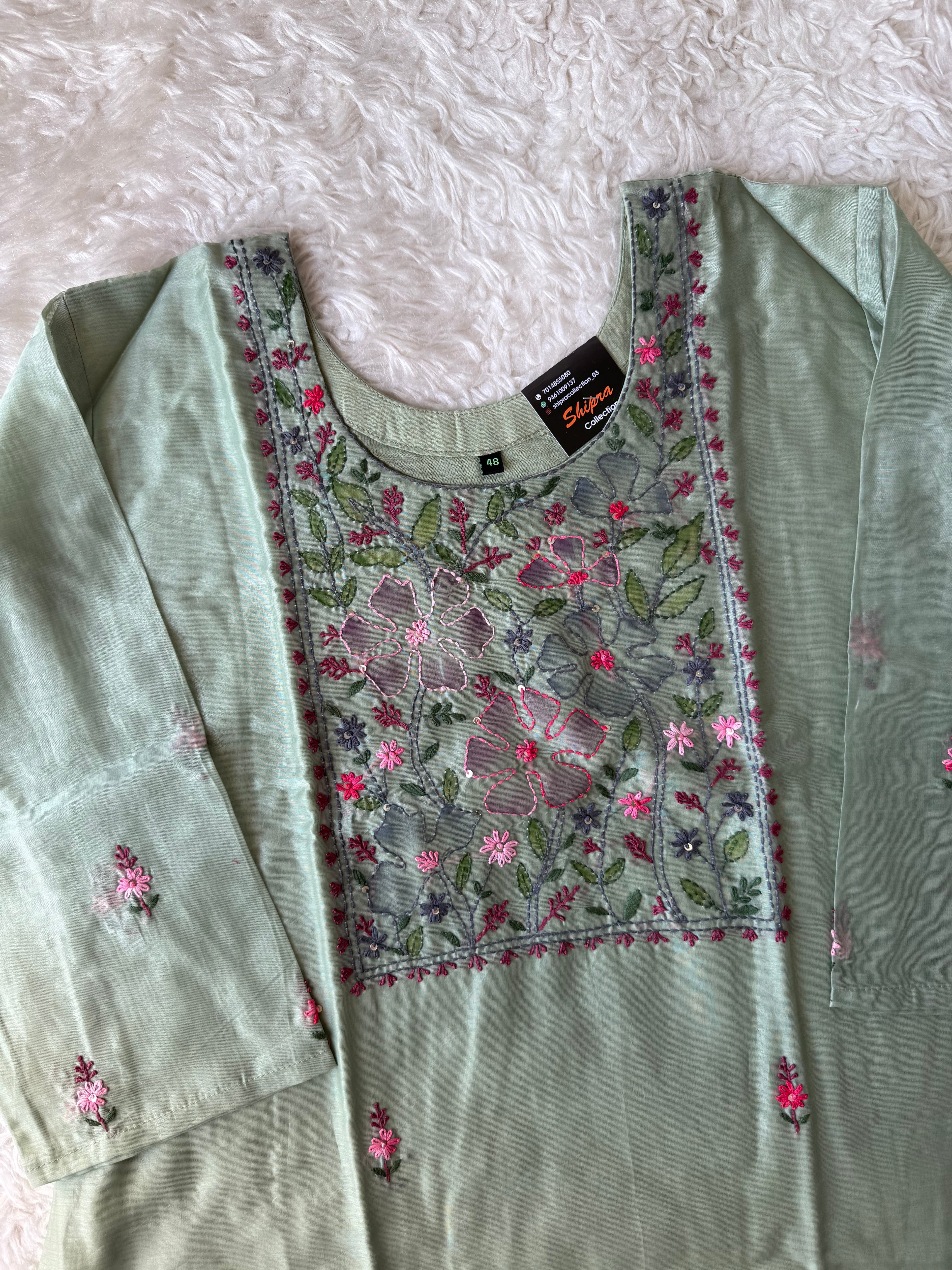 “Plus Size” Pure Chanderi Silk Kurti Pant Dupatta Set