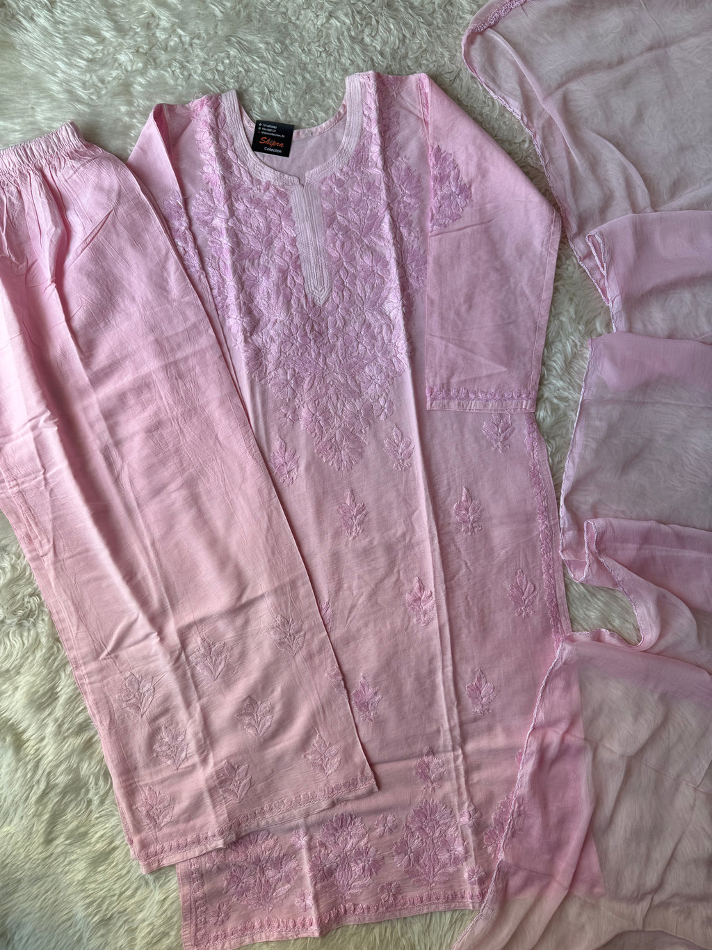 Chanderi Silk Chikankari Kurti Pant Dupatta Set