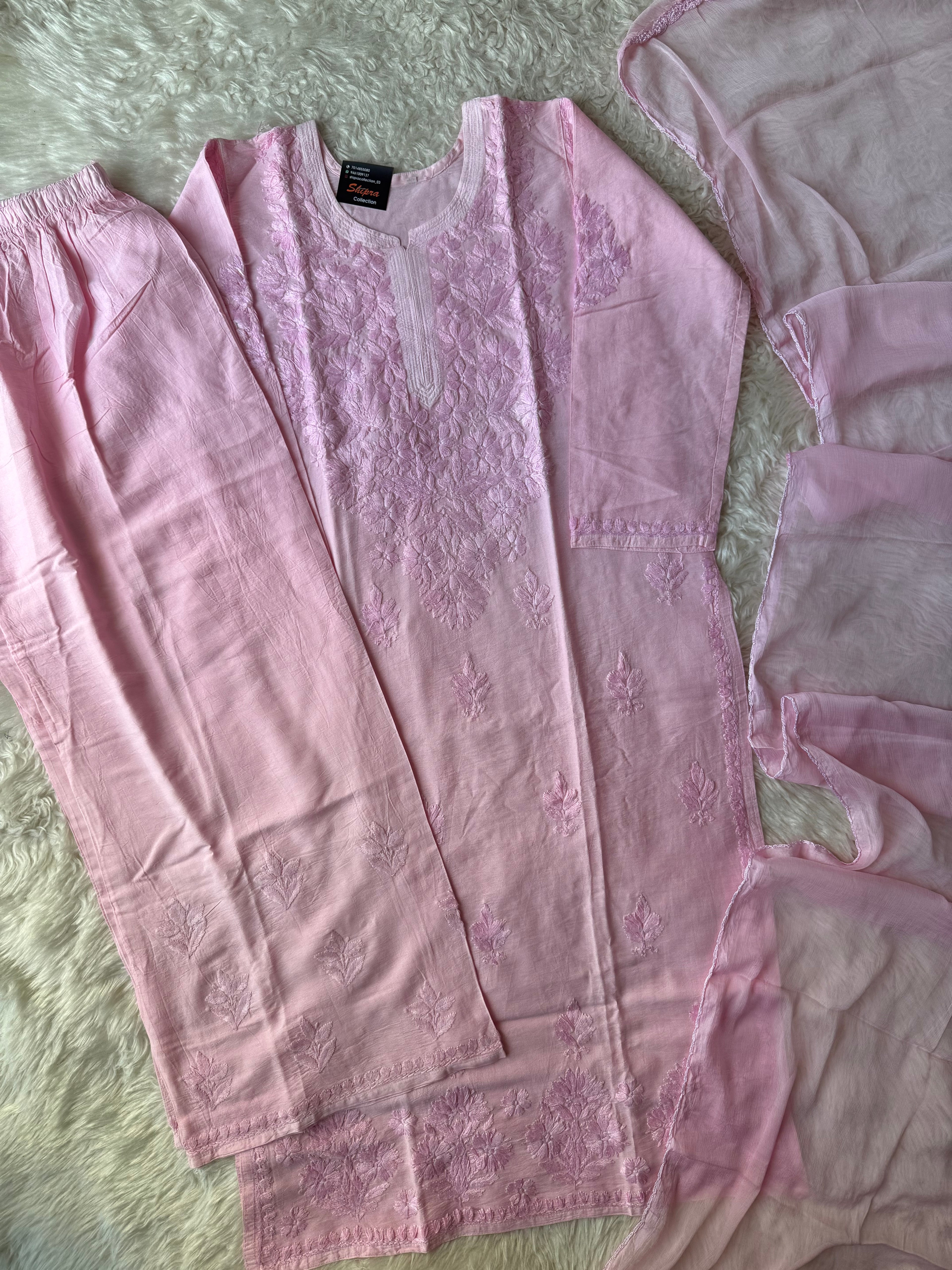 Chanderi Silk Chikankari Kurti Pant Dupatta Set
