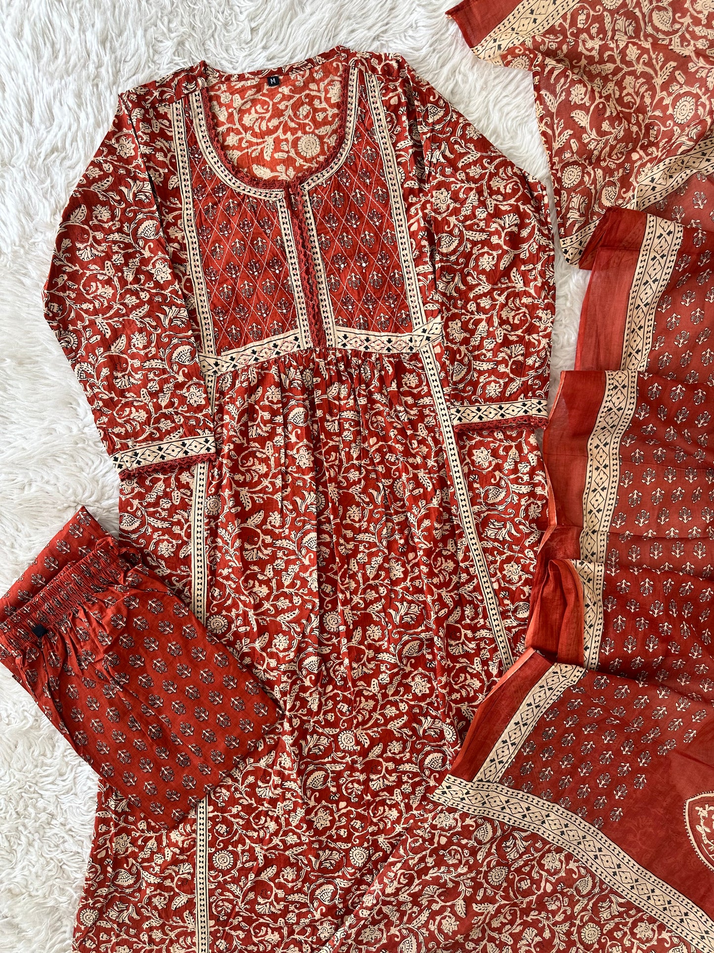 Jaipuri Print A-Line Kurti Pant Dupatta Set