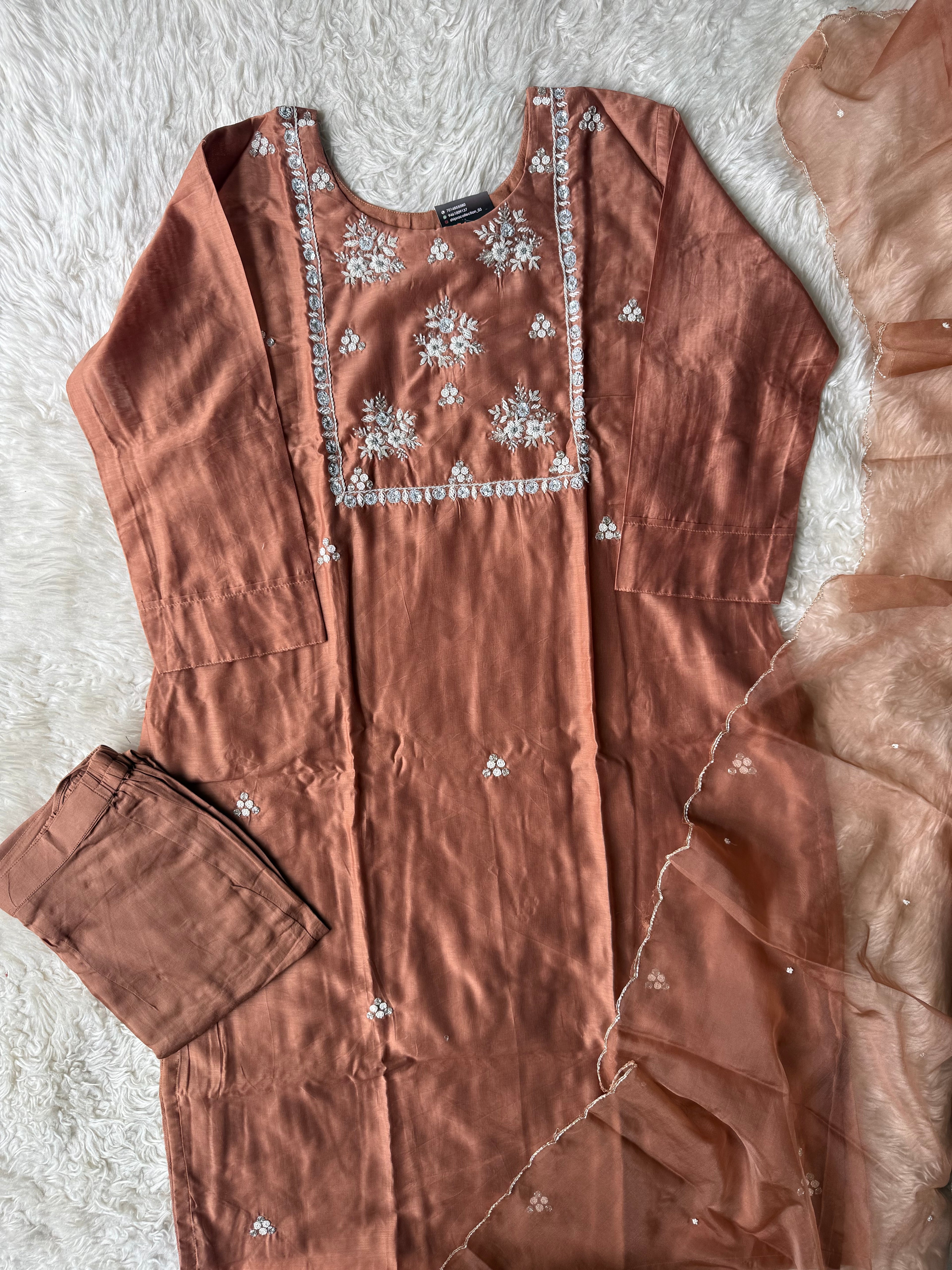 “Plus Size” Pure Chanderi Silk Kurti Pant Dupatta Set