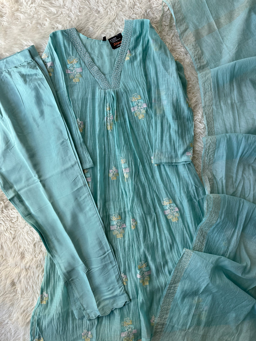 Pure Mul Chanderi Kurti Pant Dupatta Set