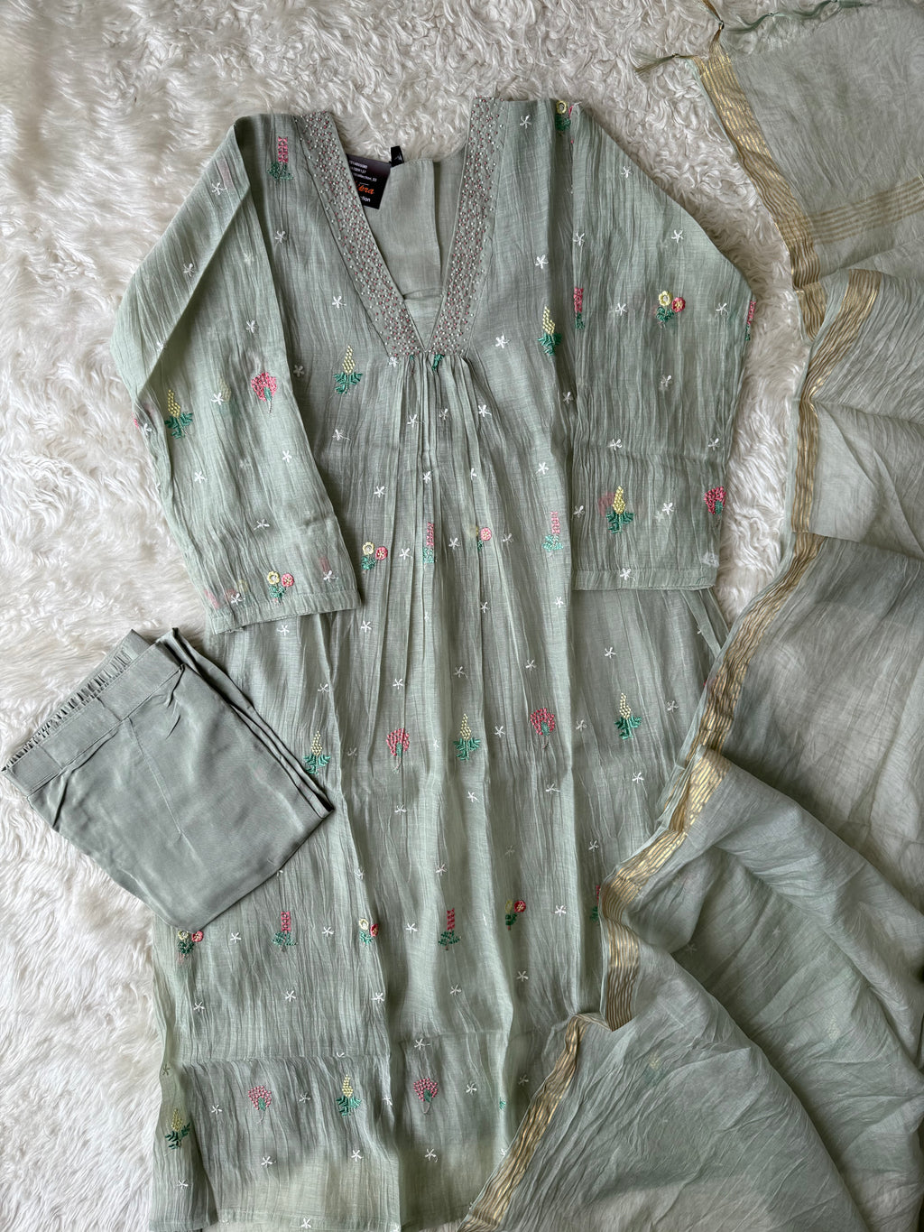 Pure Mul Chanderi Kurti Pant Dupatta Set