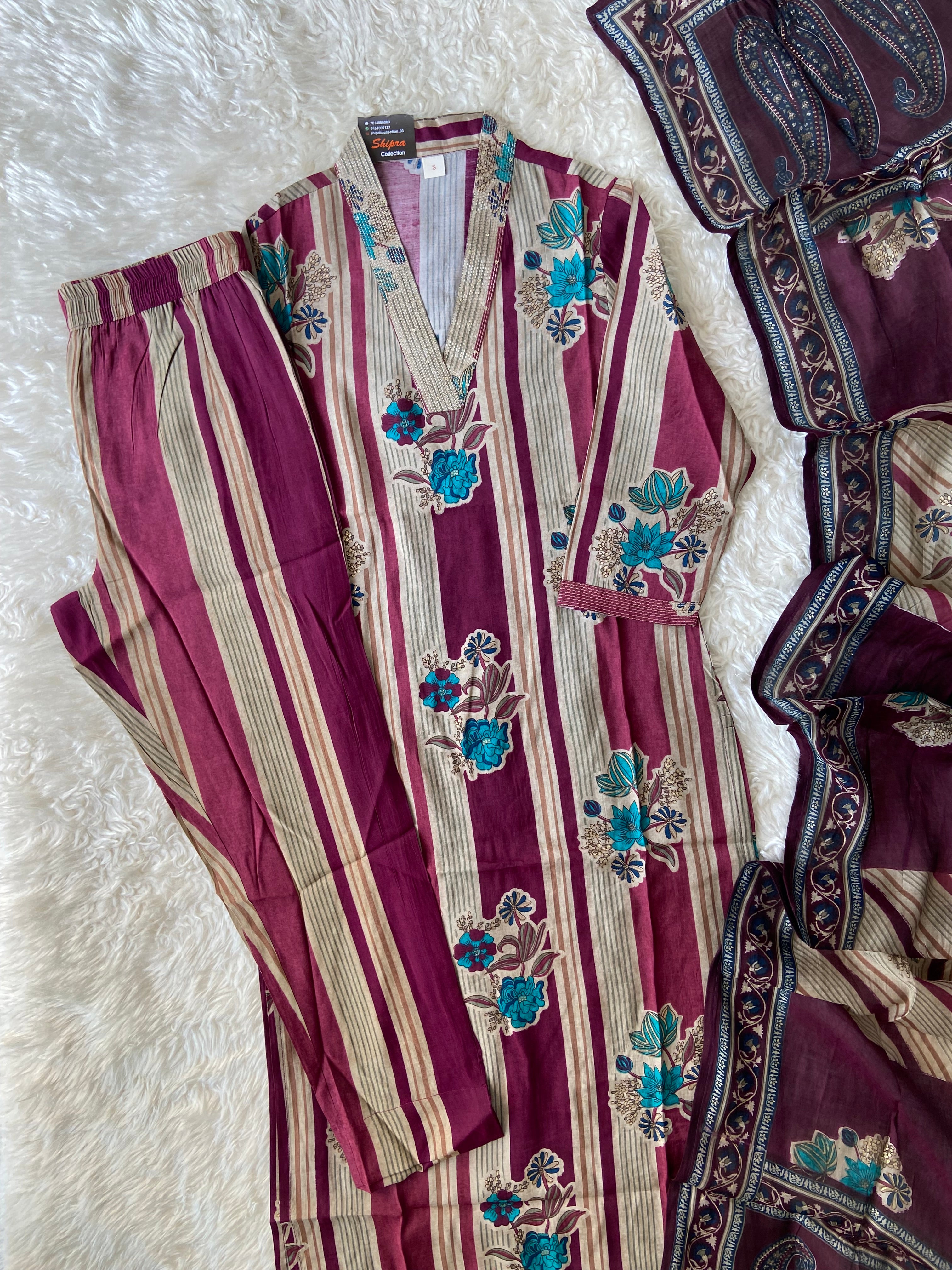 Muslin Silk Kurti Pant Dupatta Set