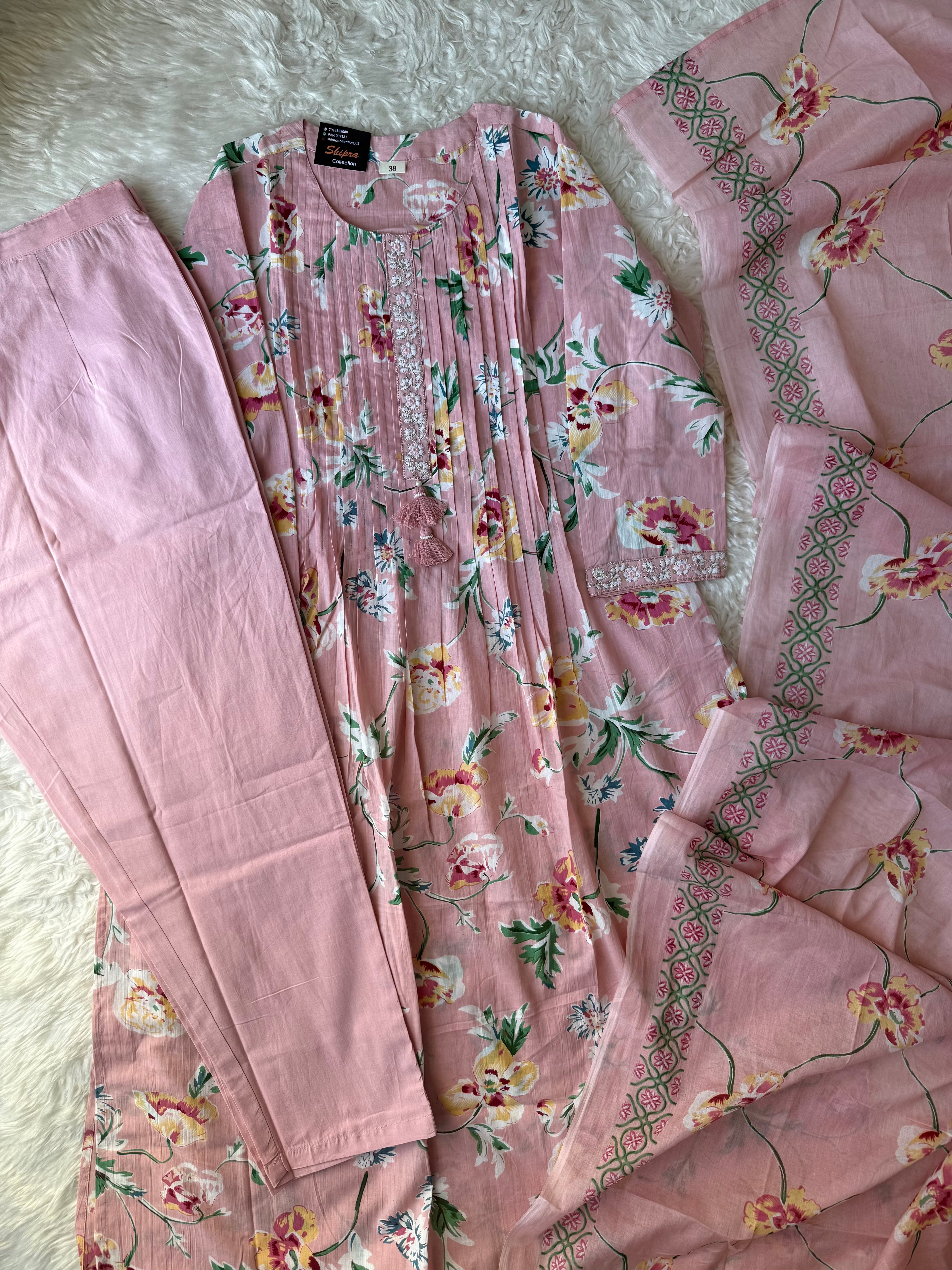 Premium Cotton Aline Kurti Pant Dupatta Set