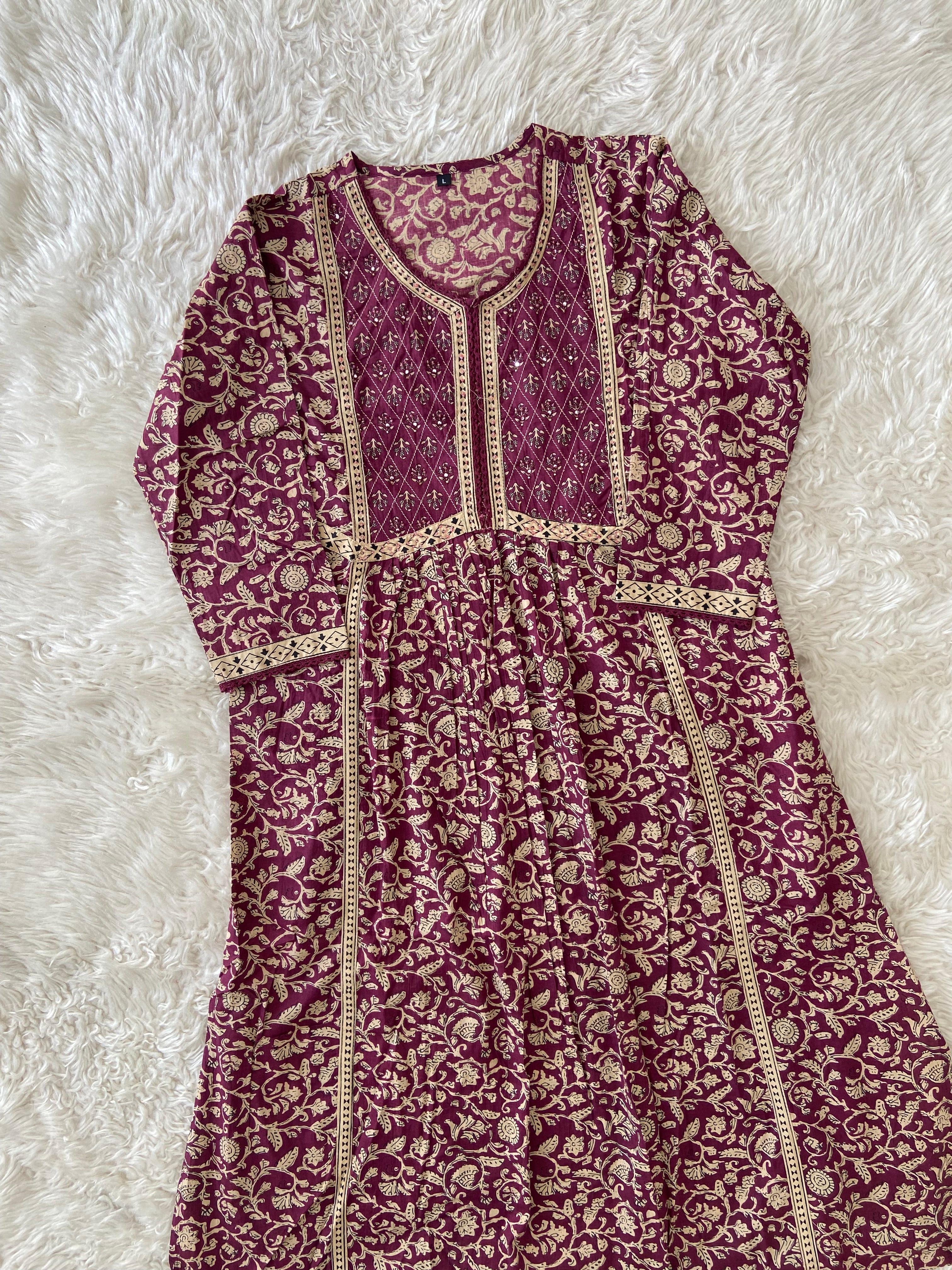 Jaipuri Print A-Line Kurti Pant Dupatta Set
