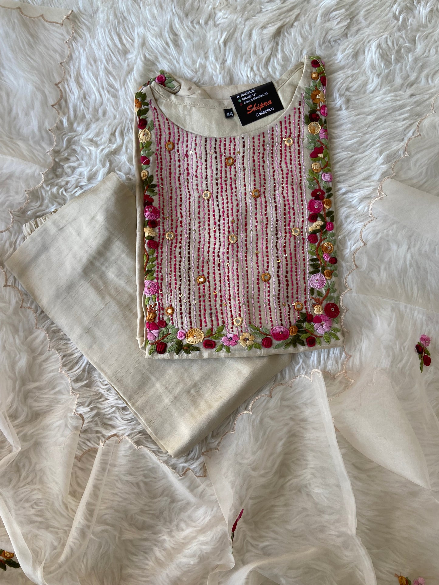 Pure Silk Embroidery Kurti Pant Dupatta Set