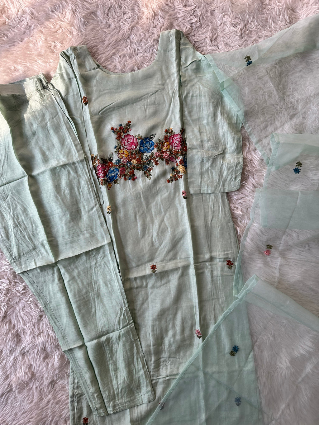 Dola Silk Embroidery Kurti Pant Dupatta Set
