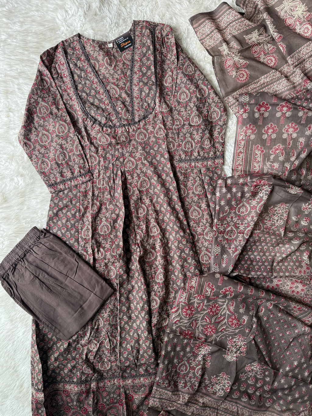 Premium Cotton ANARKALI Kurti Pant Dupatta Set