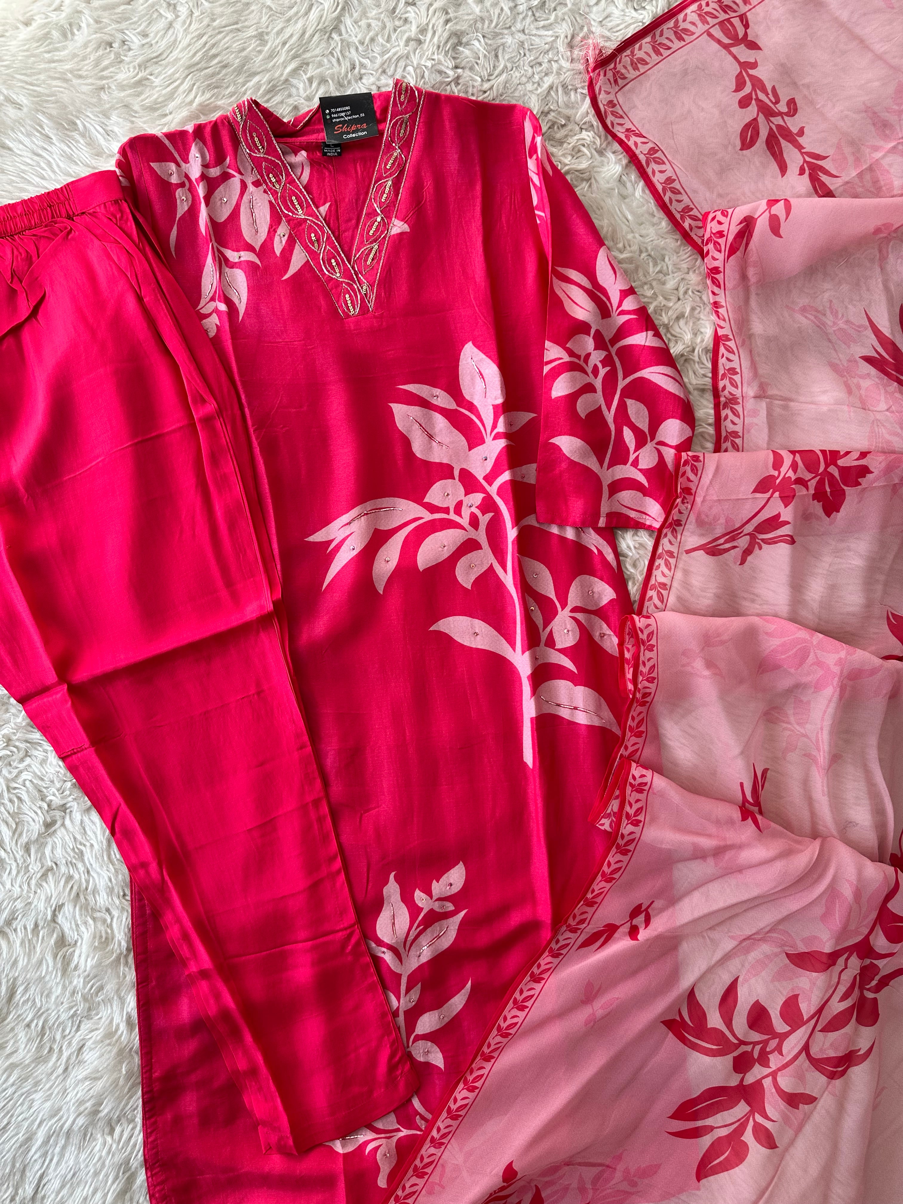 Russian Silk Kurti Pant Dupatta Set