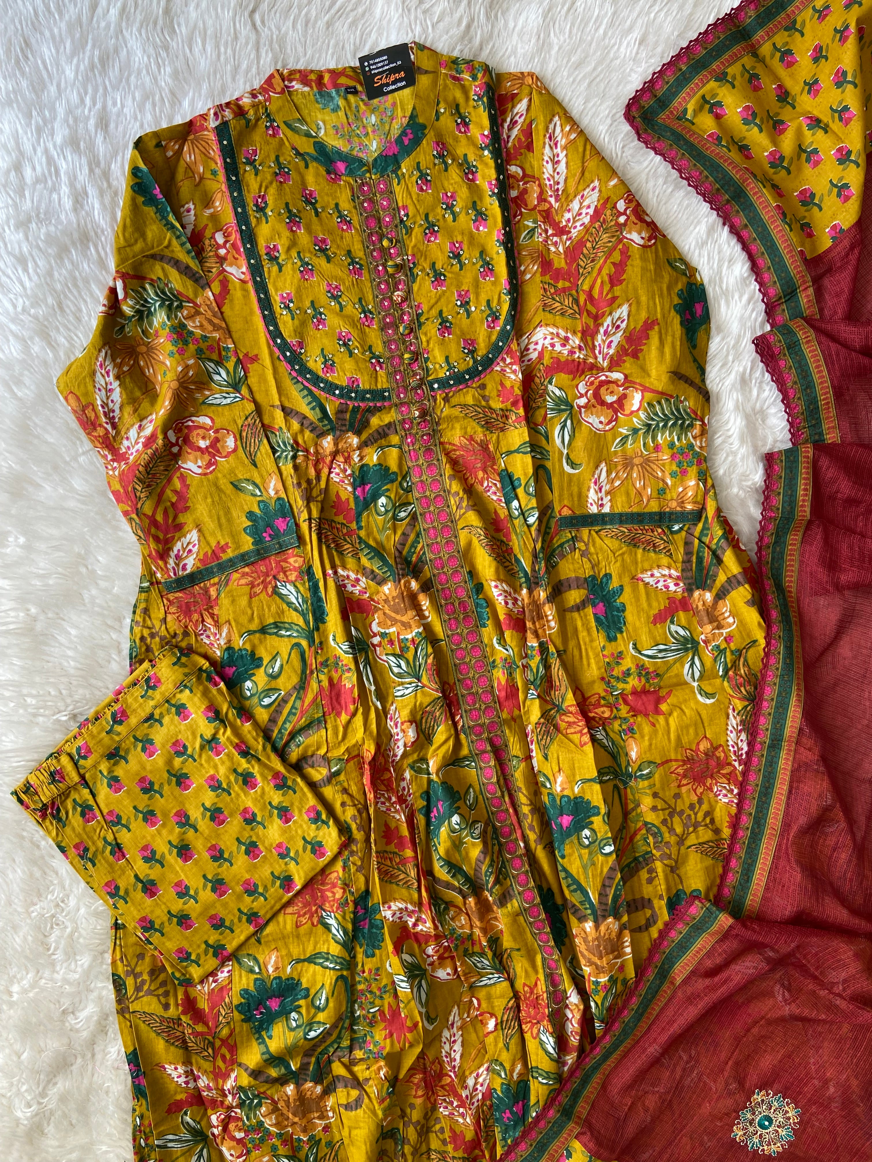 Premium Cotton FLARE Kurti Pant Dupatta Set