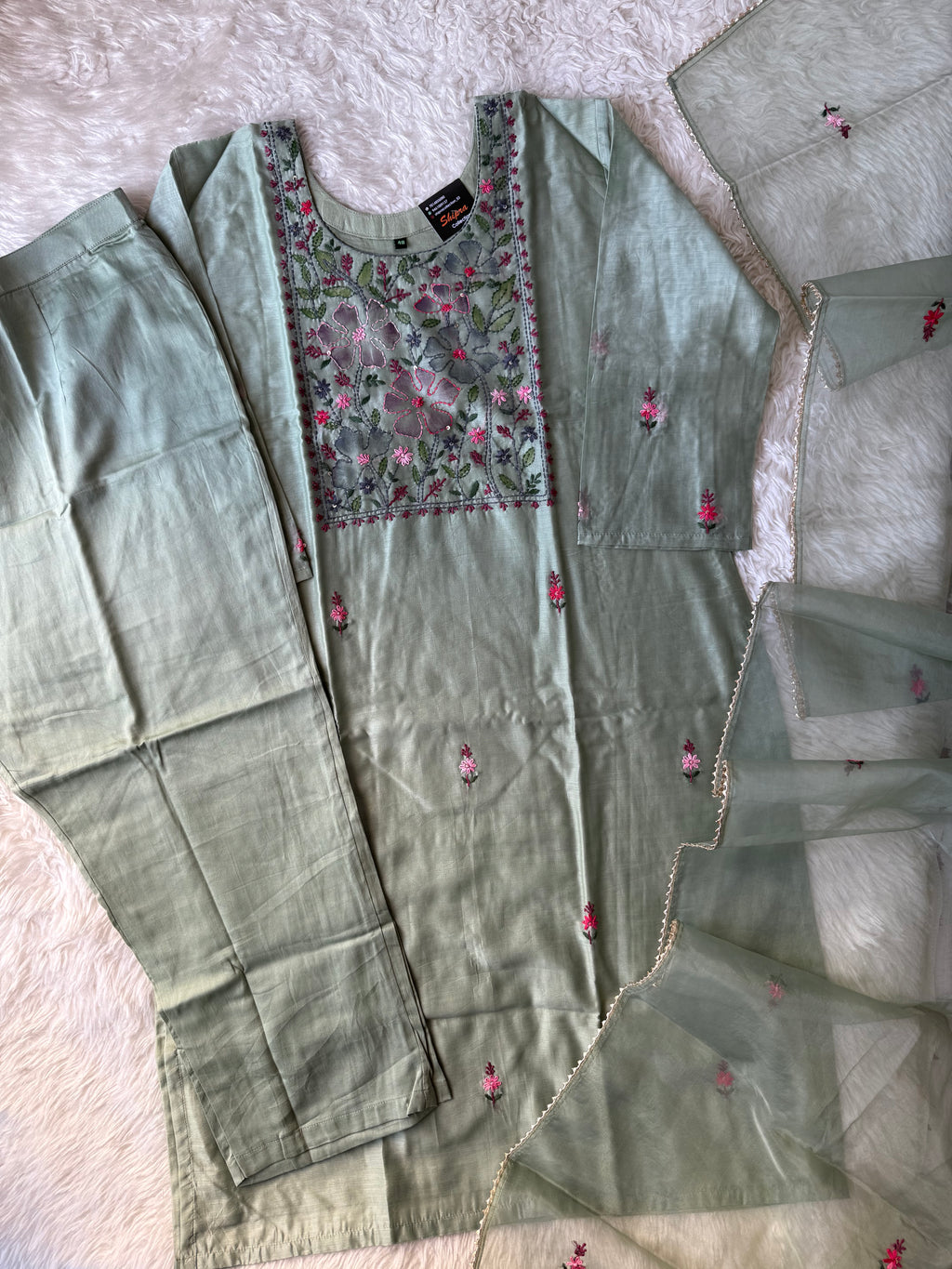 “Plus Size” Pure Chanderi Silk Kurti Pant Dupatta Set