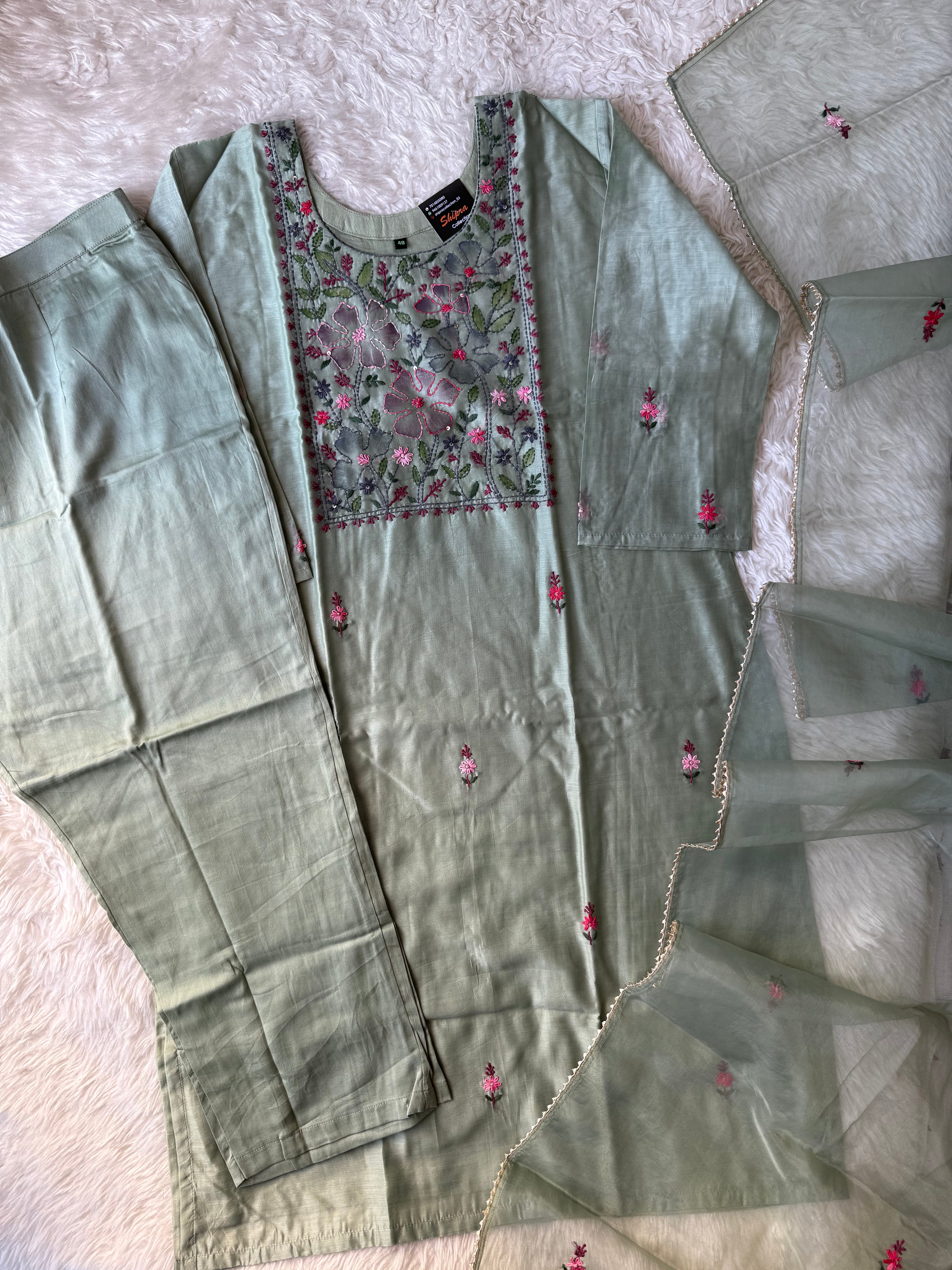 “Plus Size” Pure Chanderi Silk Kurti Pant Dupatta Set
