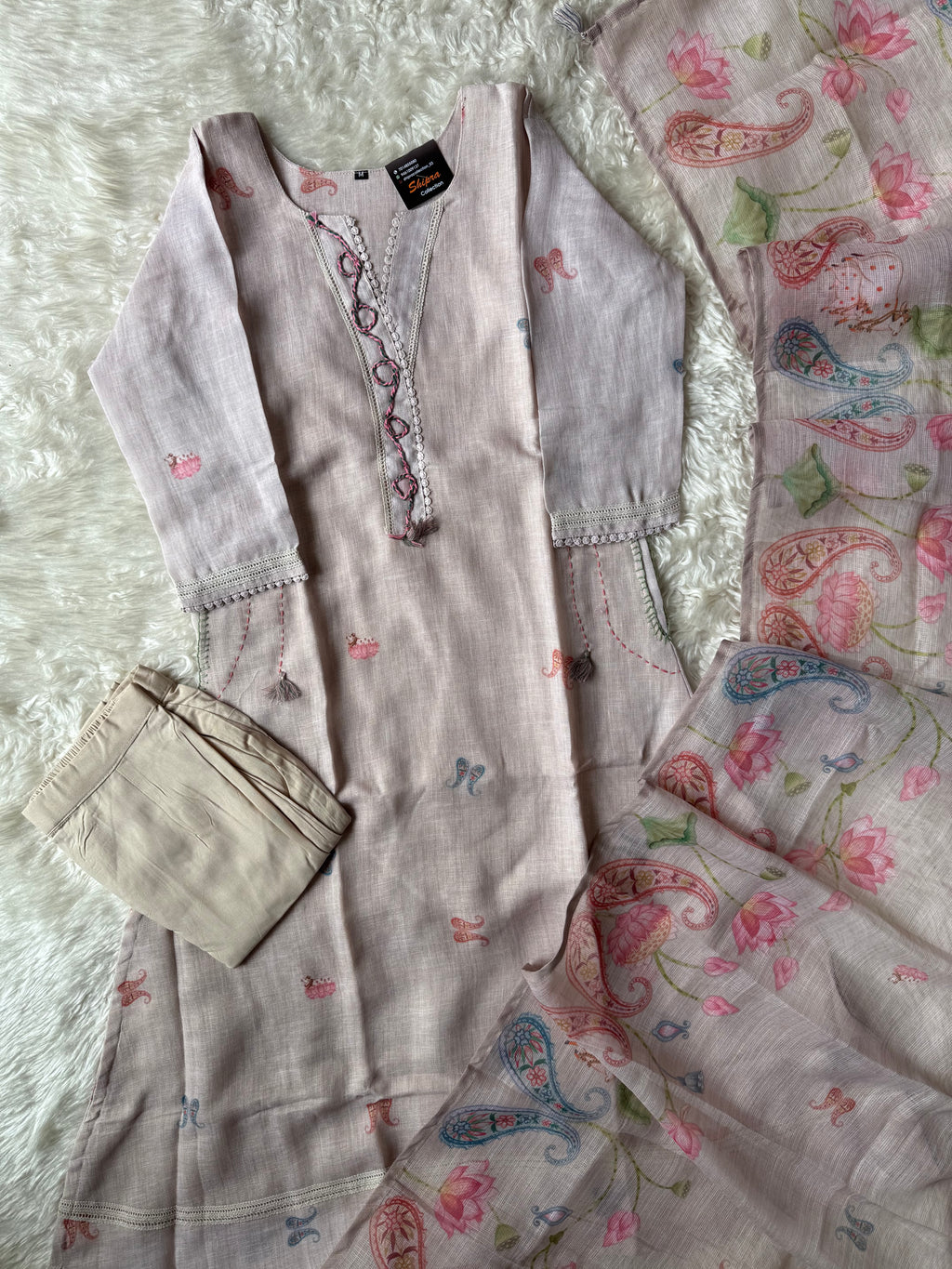 Linen Kurti Pant Dupatta Set