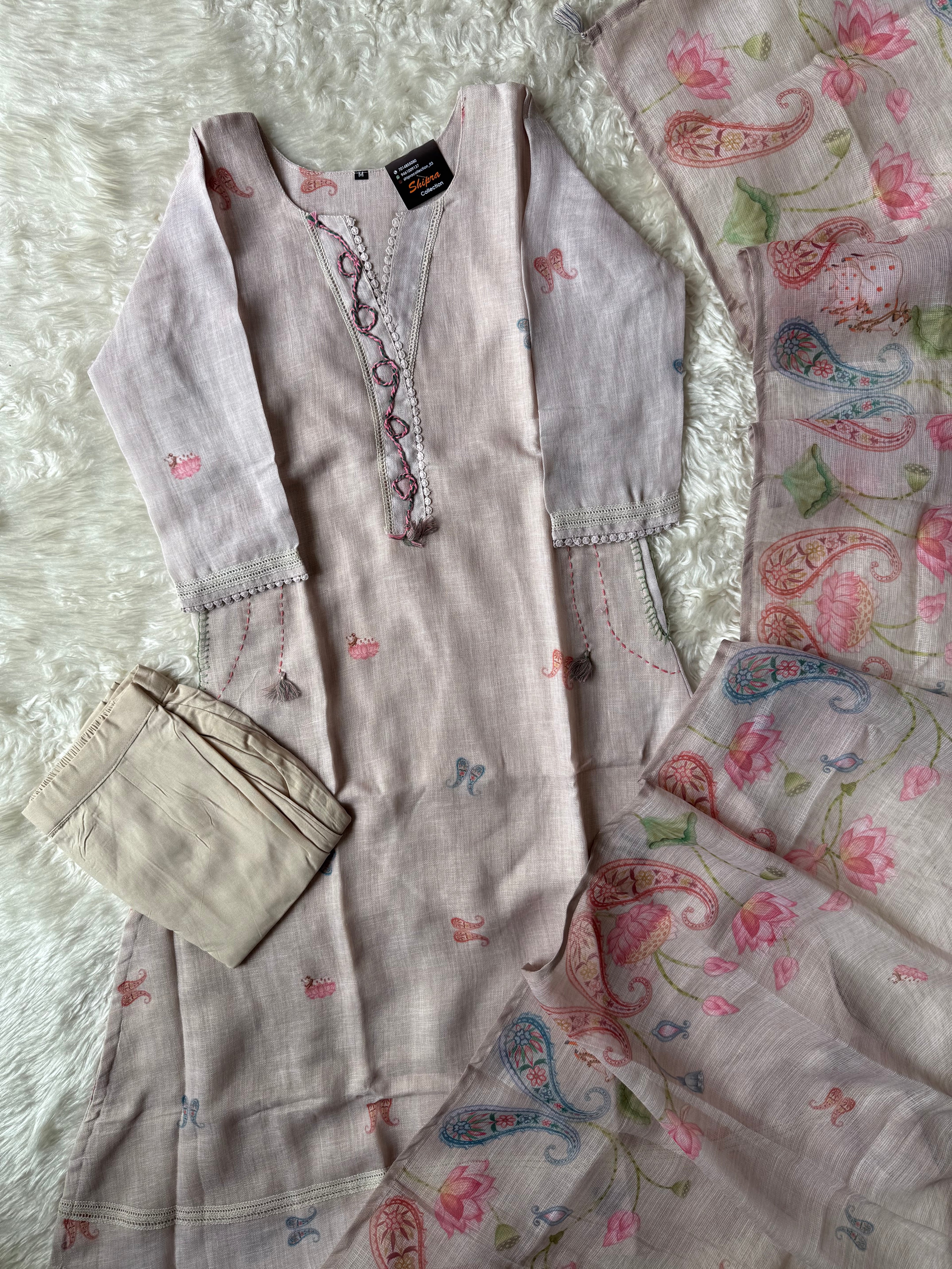 Linen Kurti Pant Dupatta Set