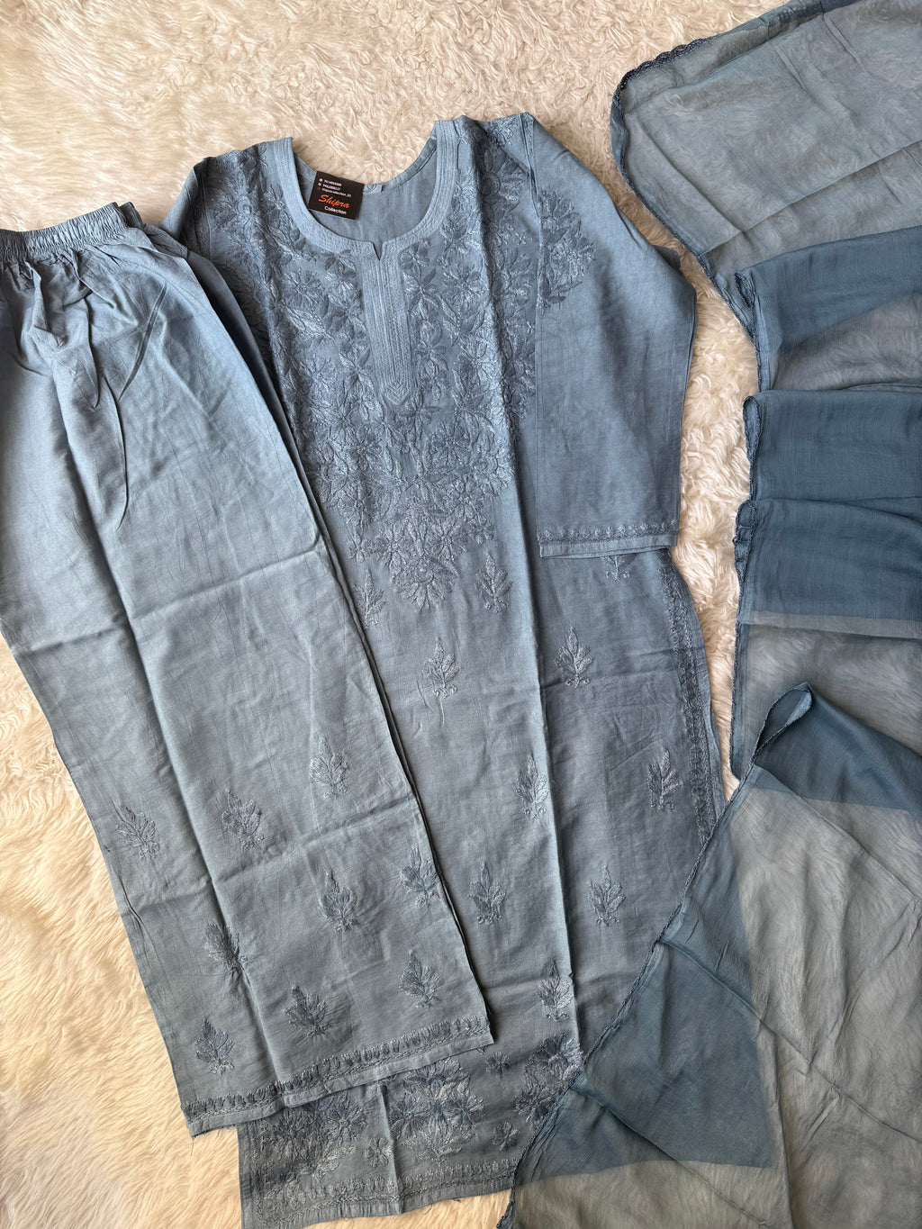 Chanderi Silk Chikankari Kurti Pant Dupatta Set