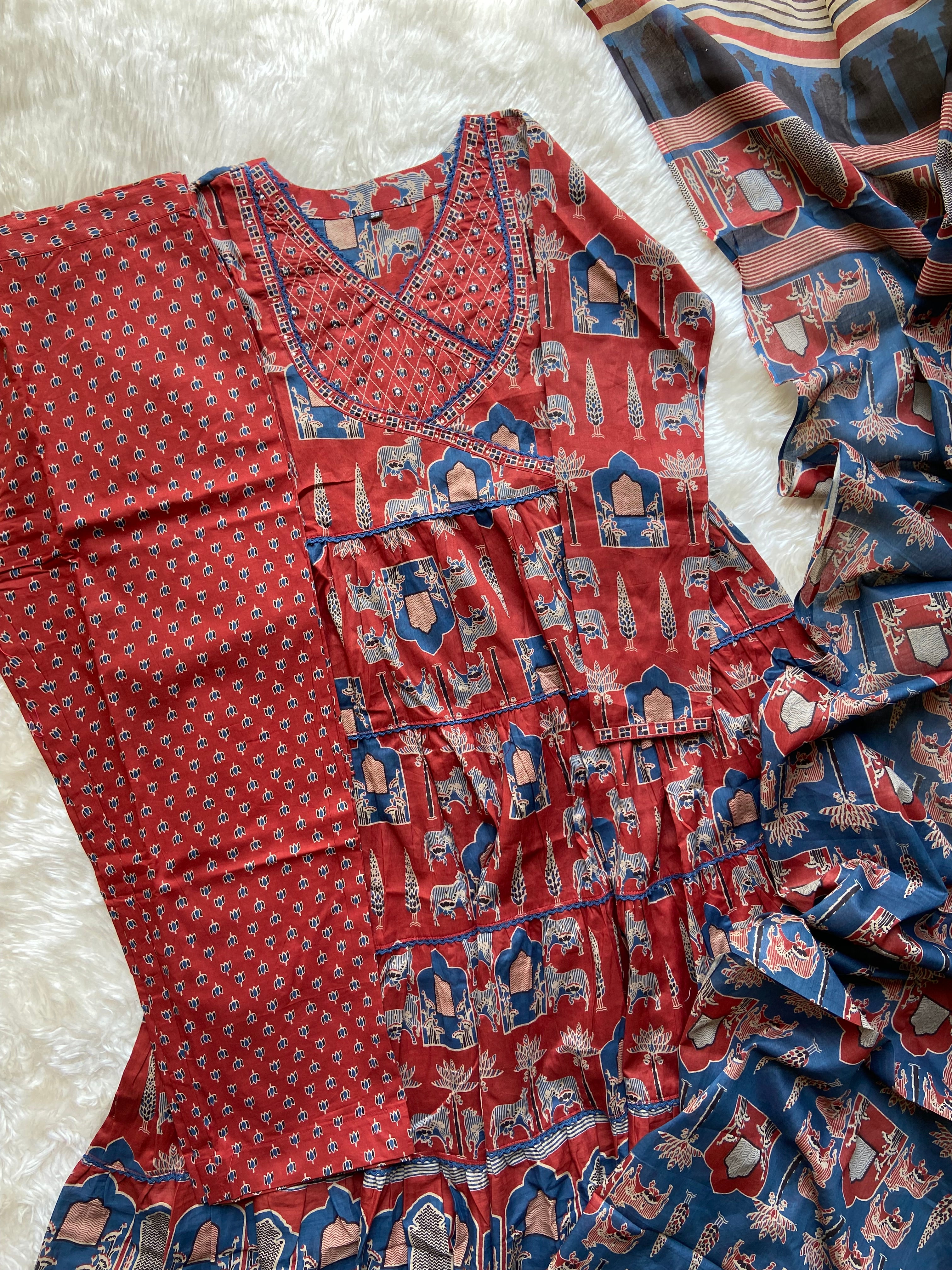 Premium Cotton ANARKALI Kurti Pant Dupatta Set