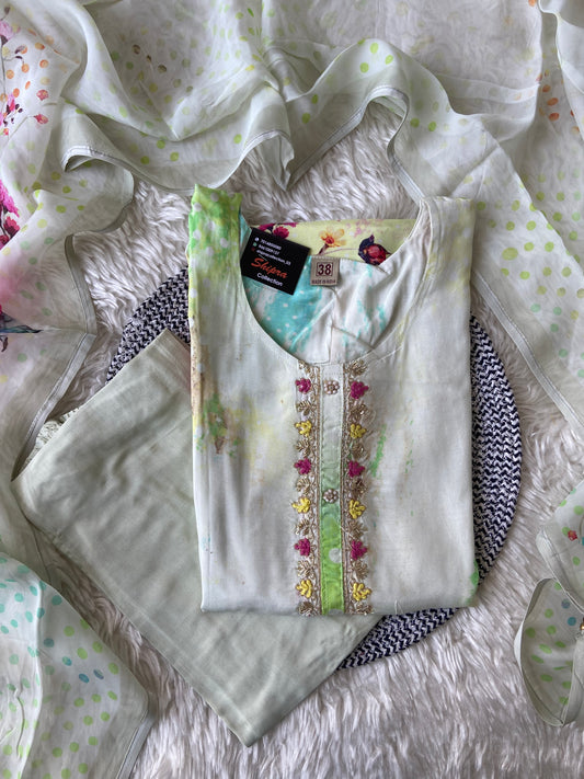 Pure Muslin Silk Kurti Pant Dupatta Set
