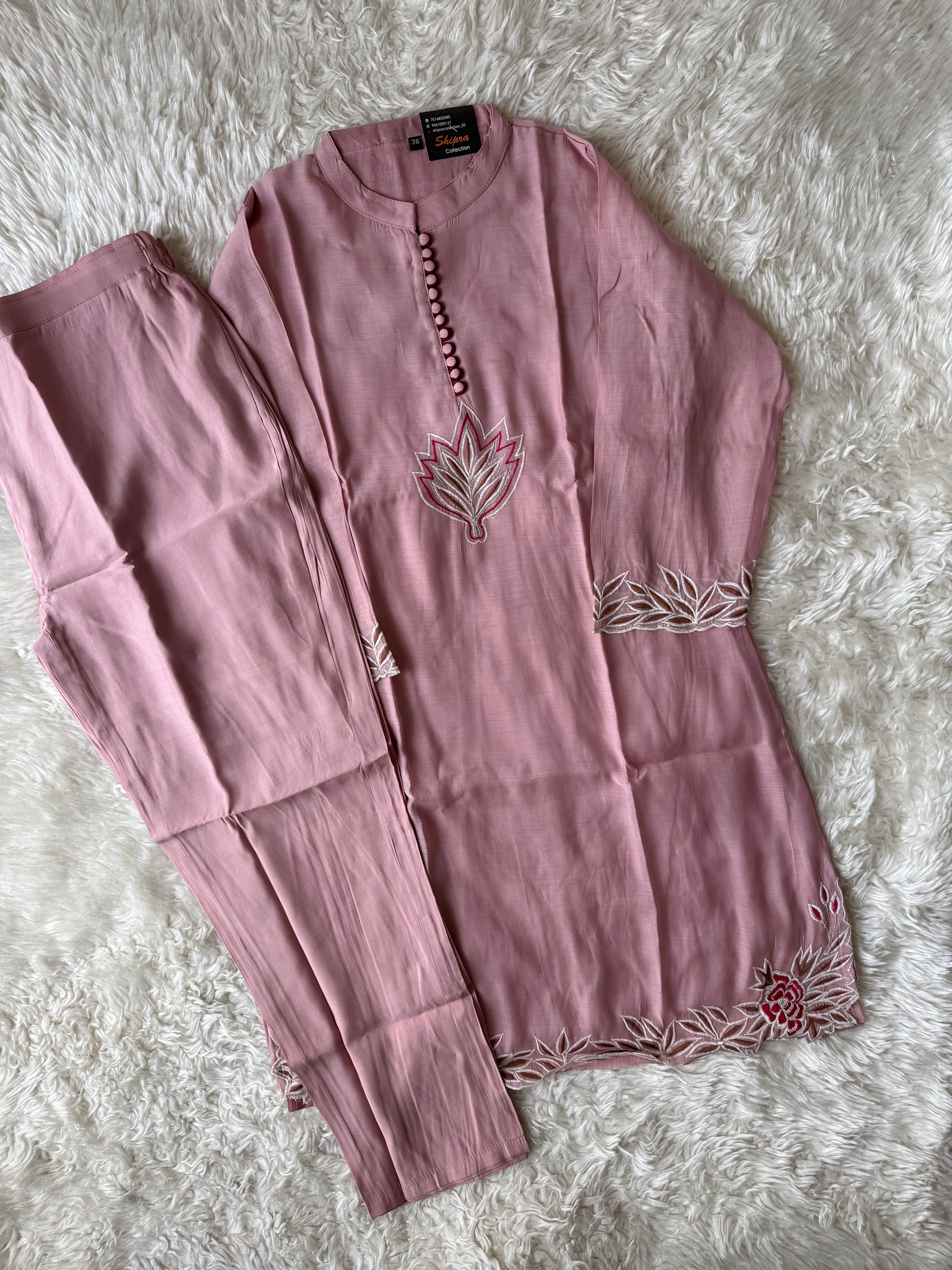 Mul Chanderi Aplique work Co-ord Set
