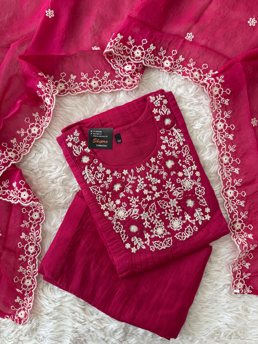 Mul Chanderi Kurti Pant Dupatta Set