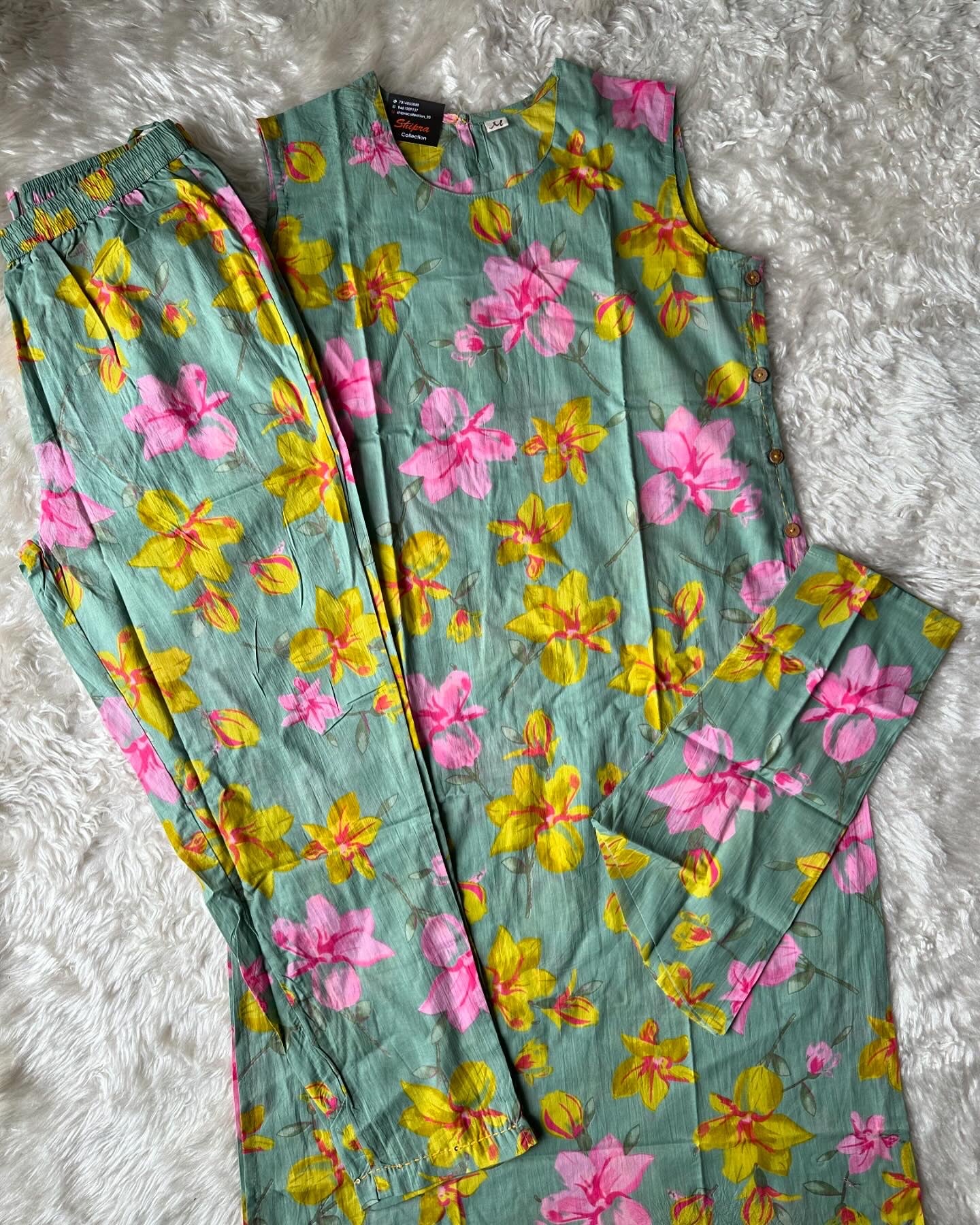 Pure Cotton Sleeveless Kurti Pant Set