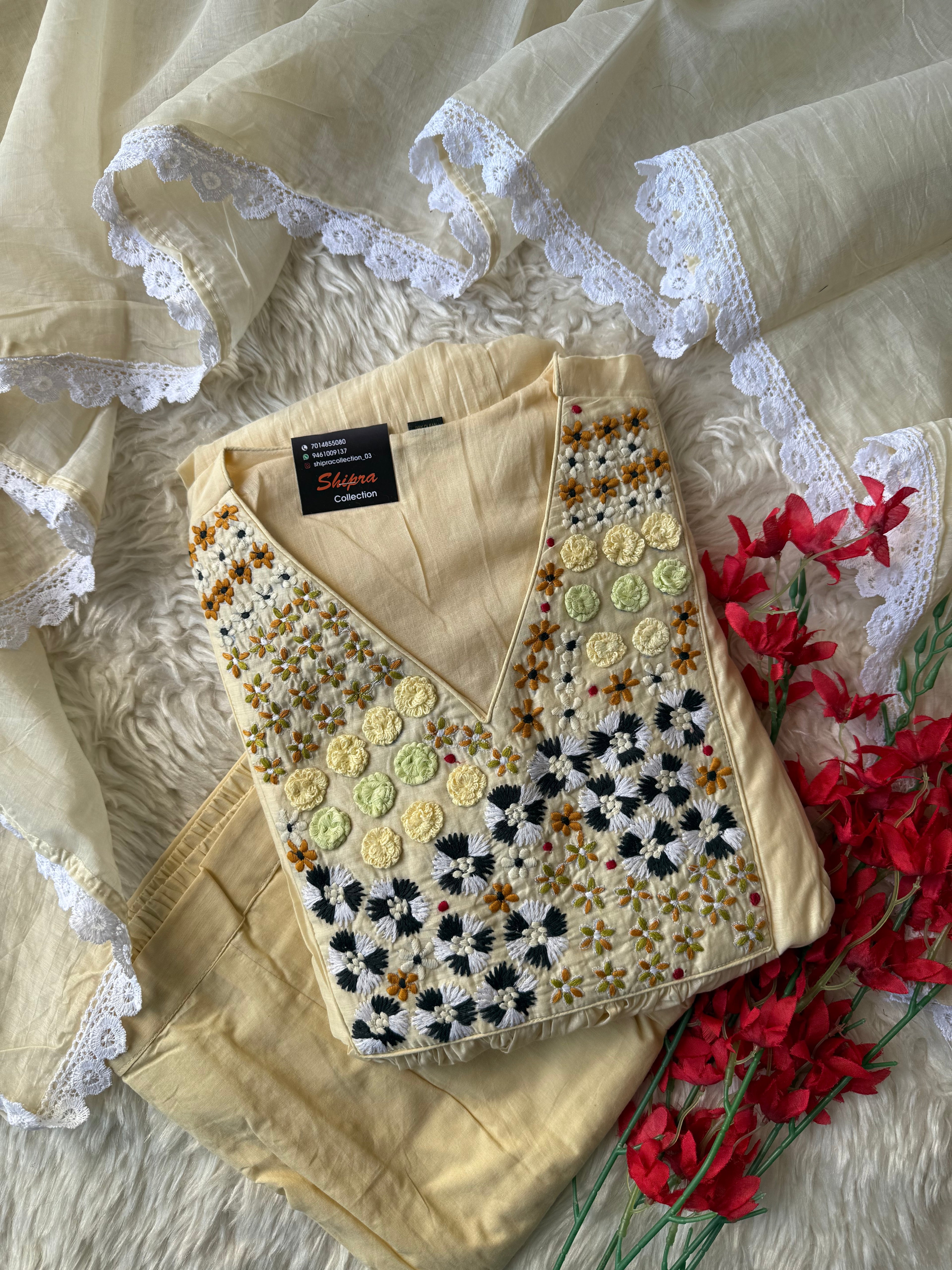 Pure Mul Chanderi Kurti Pant Dupatta Set