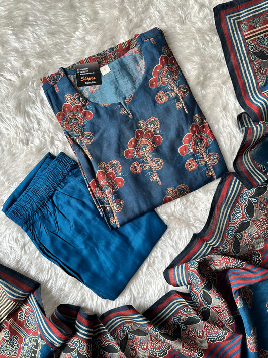 Pure Muslin Silk Kurti Pant Dupatta Set