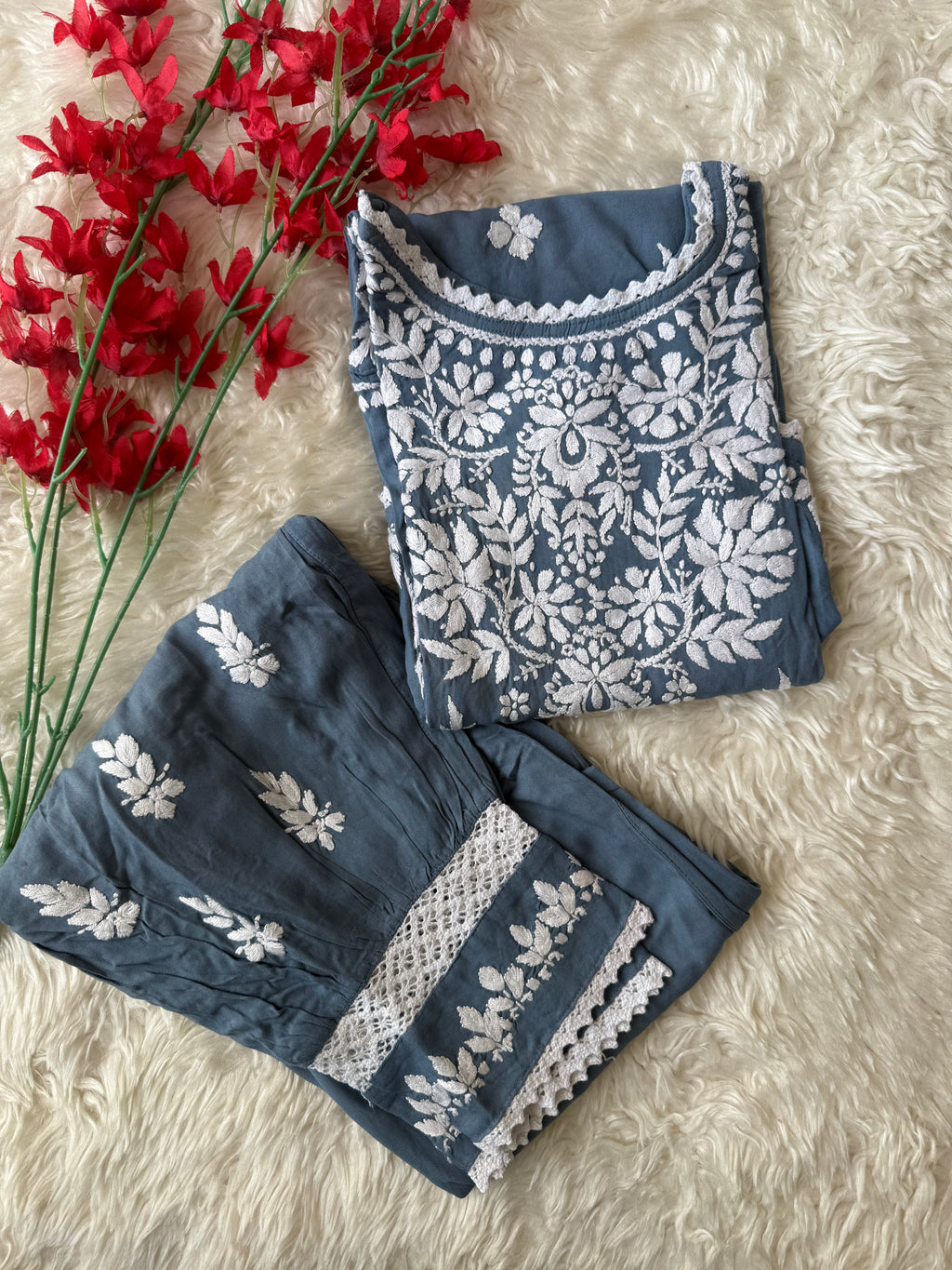 Heavy Rayon Chikankari Kurti Afghani Pant Set